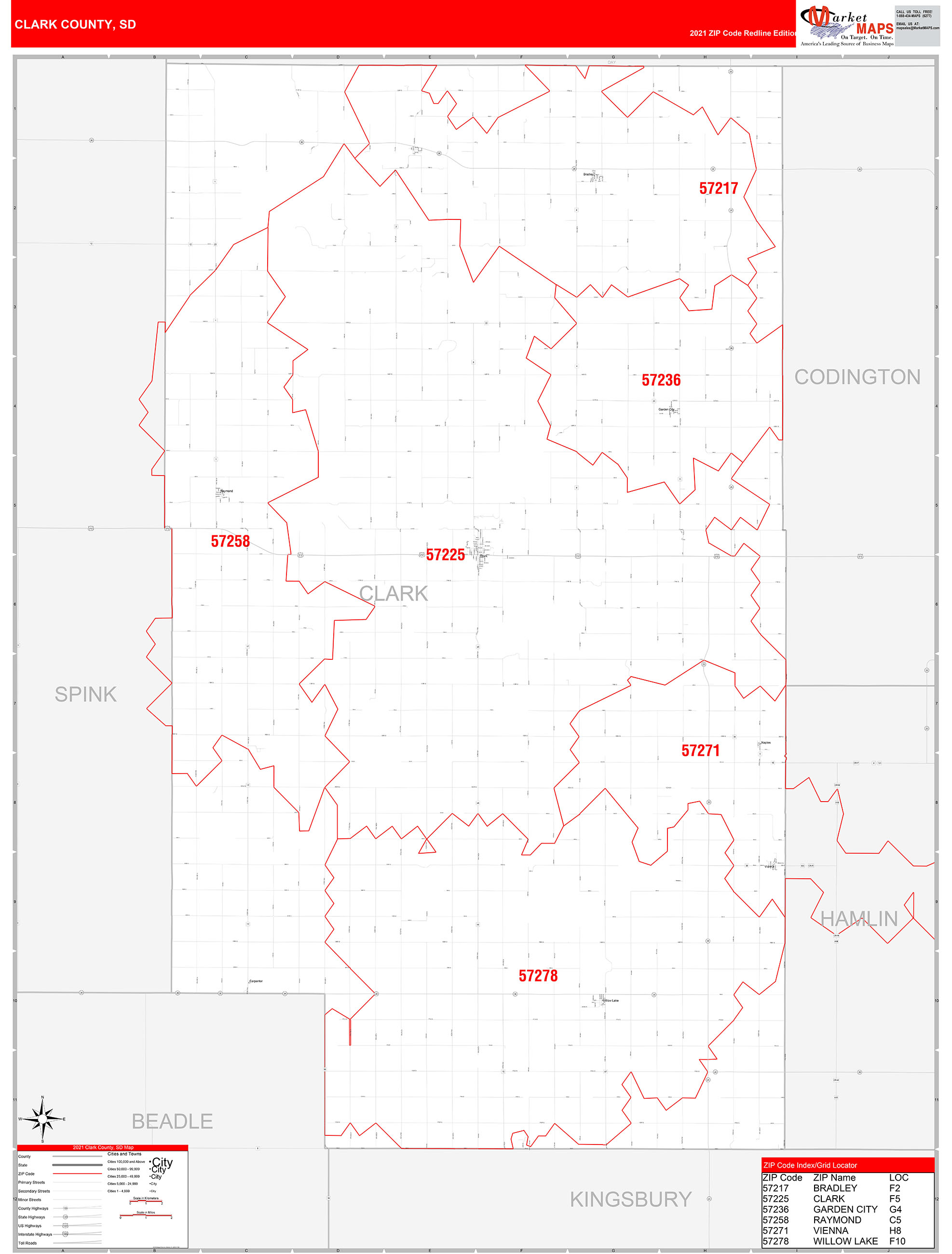 Clark County, SD Zip Code Wall Map Red Line Style by MarketMAPS