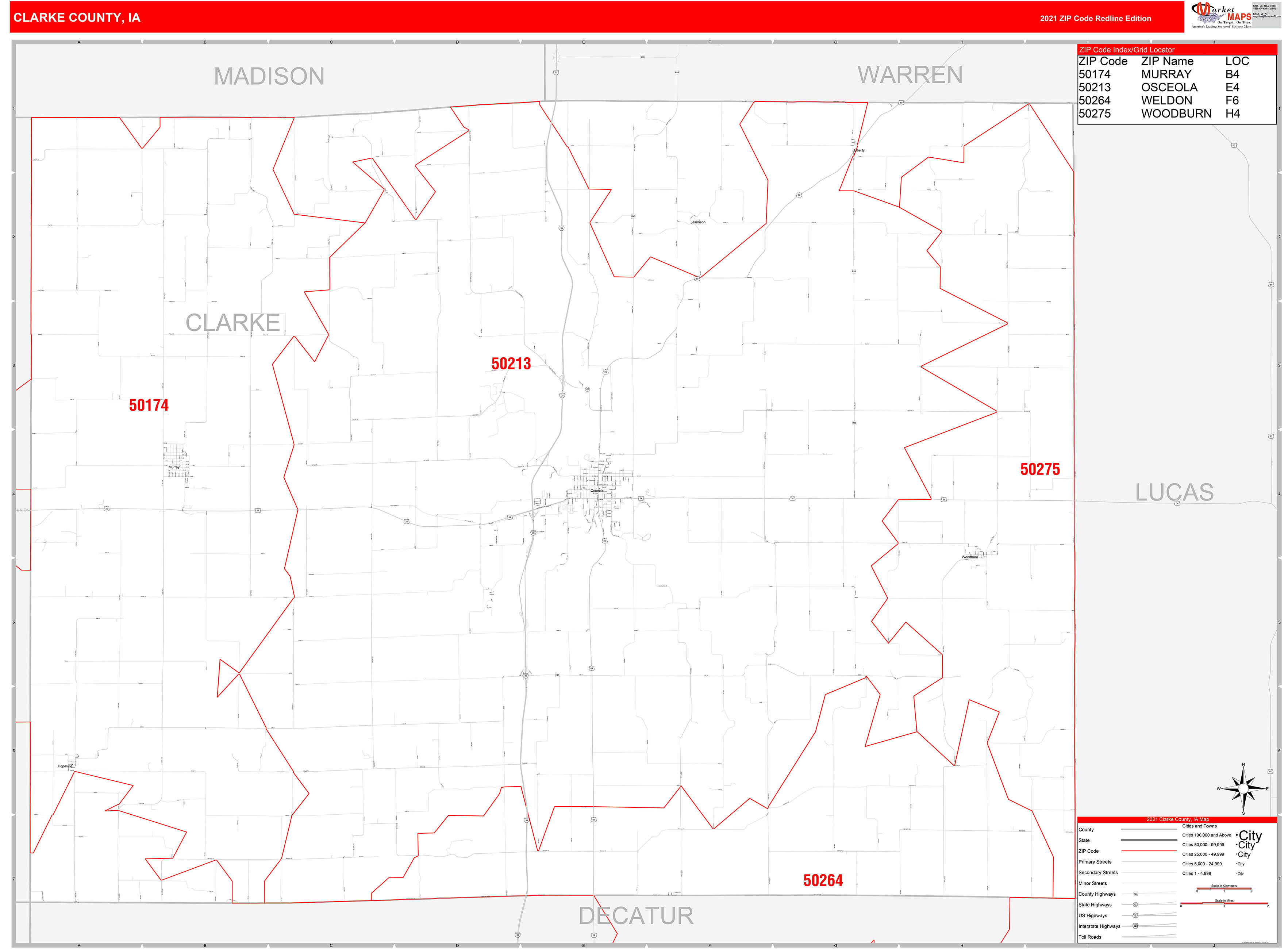 Clarke County, IA Zip Code Wall Map Red Line Style by MarketMAPS