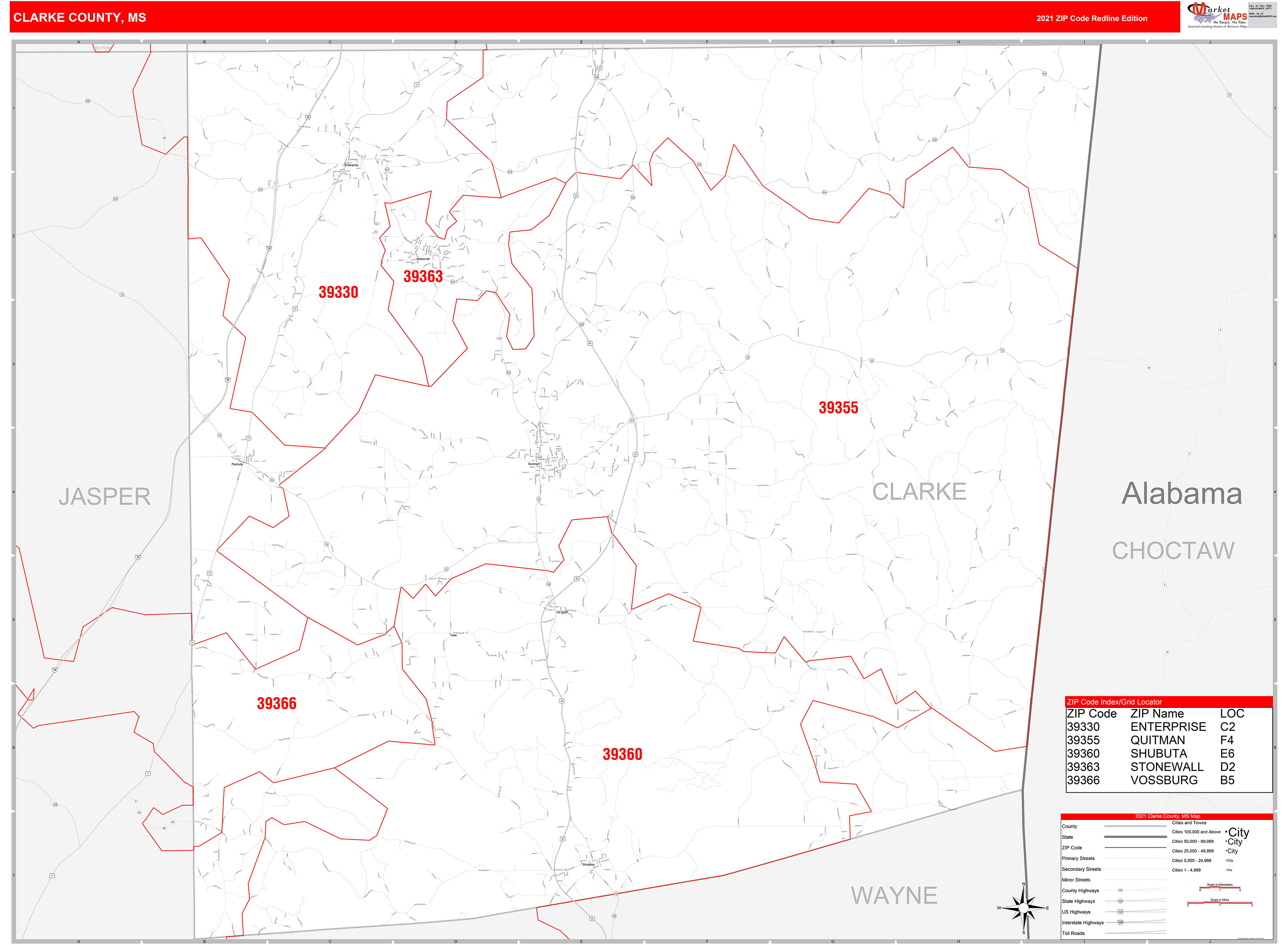 Clarke County, MS Zip Code Wall Map Red Line Style by MarketMAPS