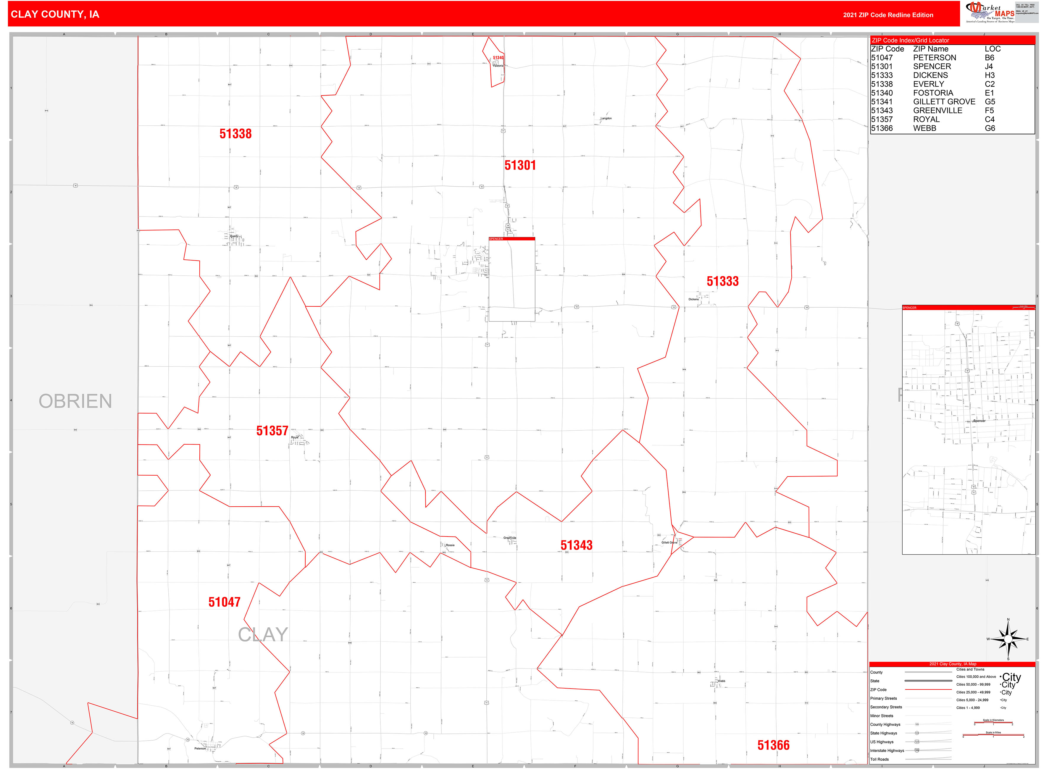 Clay County Ia Zip Code Wall Map Red Line Style By Marketmaps Mapsales