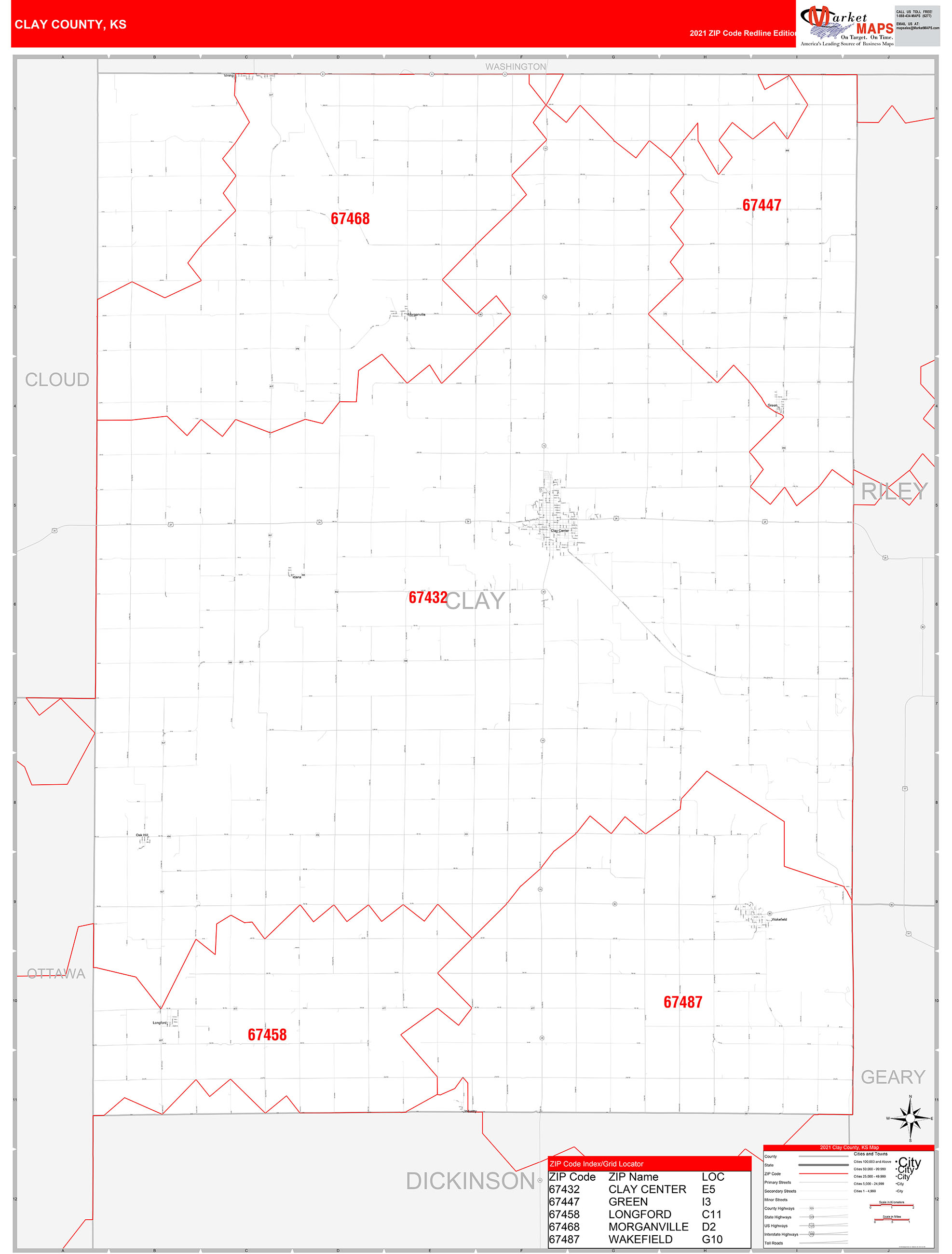 Clay County, KS Zip Code Wall Map Red Line Style by MarketMAPS