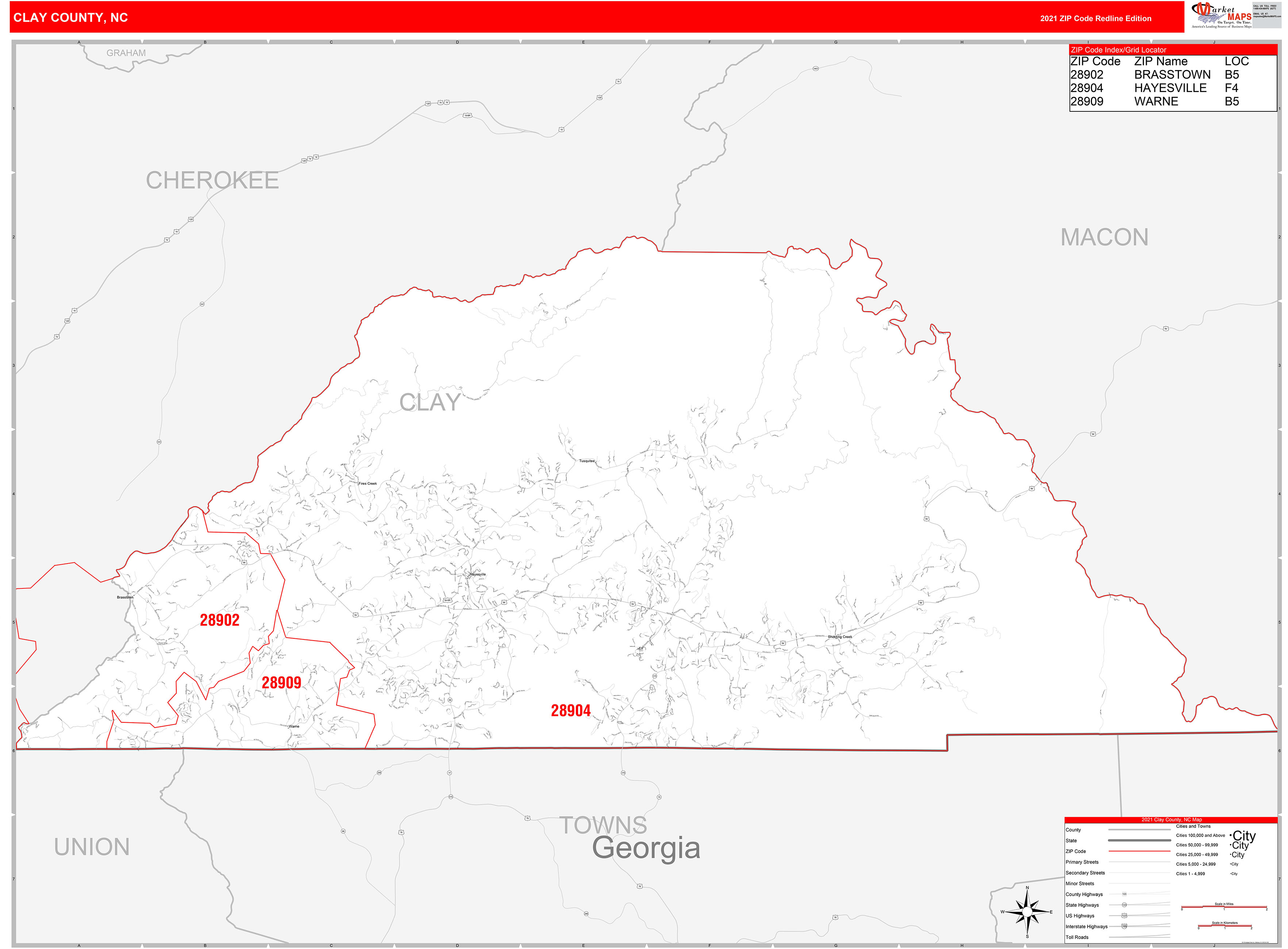 Clay County, NC Zip Code Wall Map Red Line Style by MarketMAPS MapSales