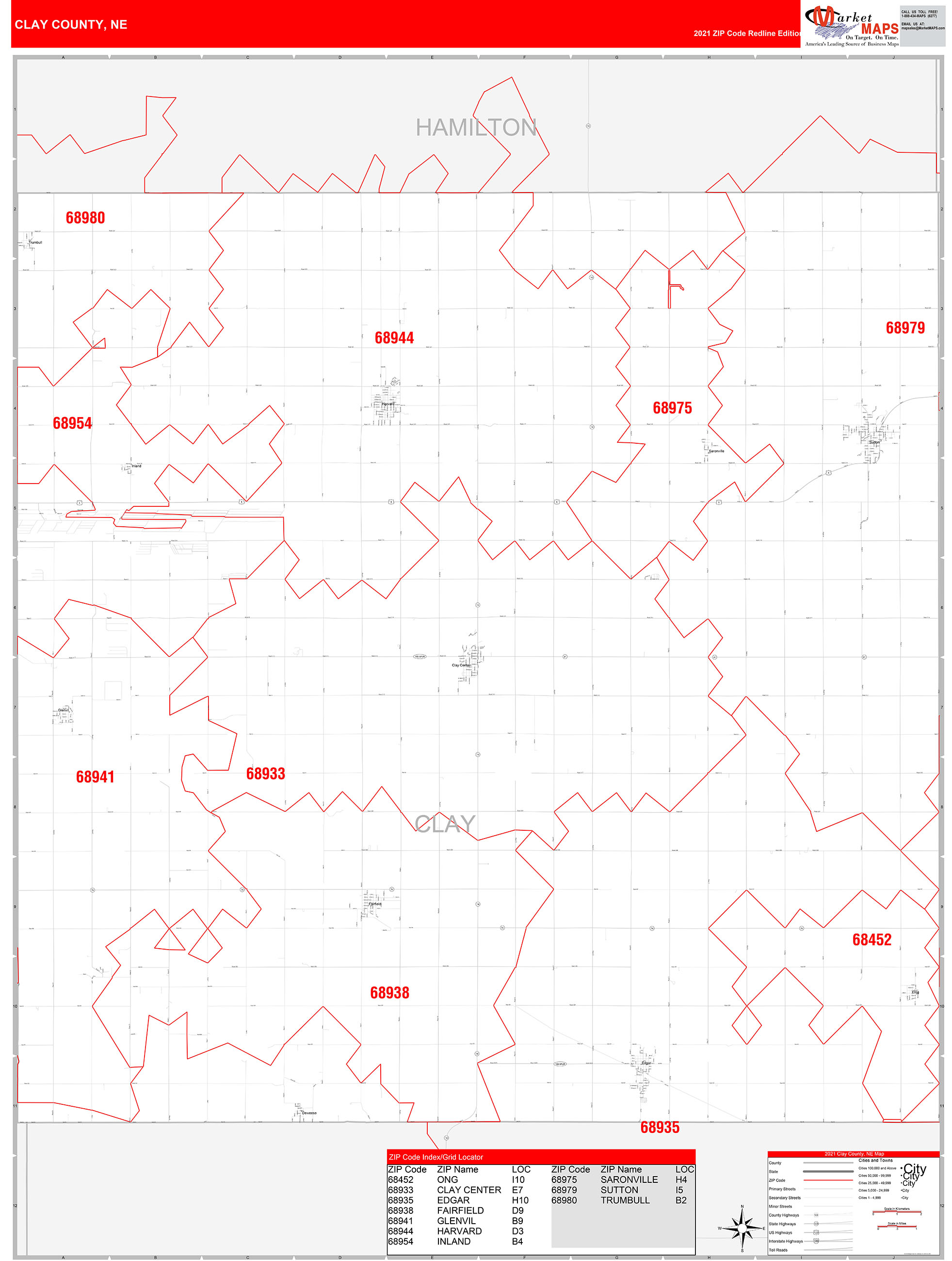 Clay County, NE Zip Code Wall Map Red Line Style by MarketMAPS