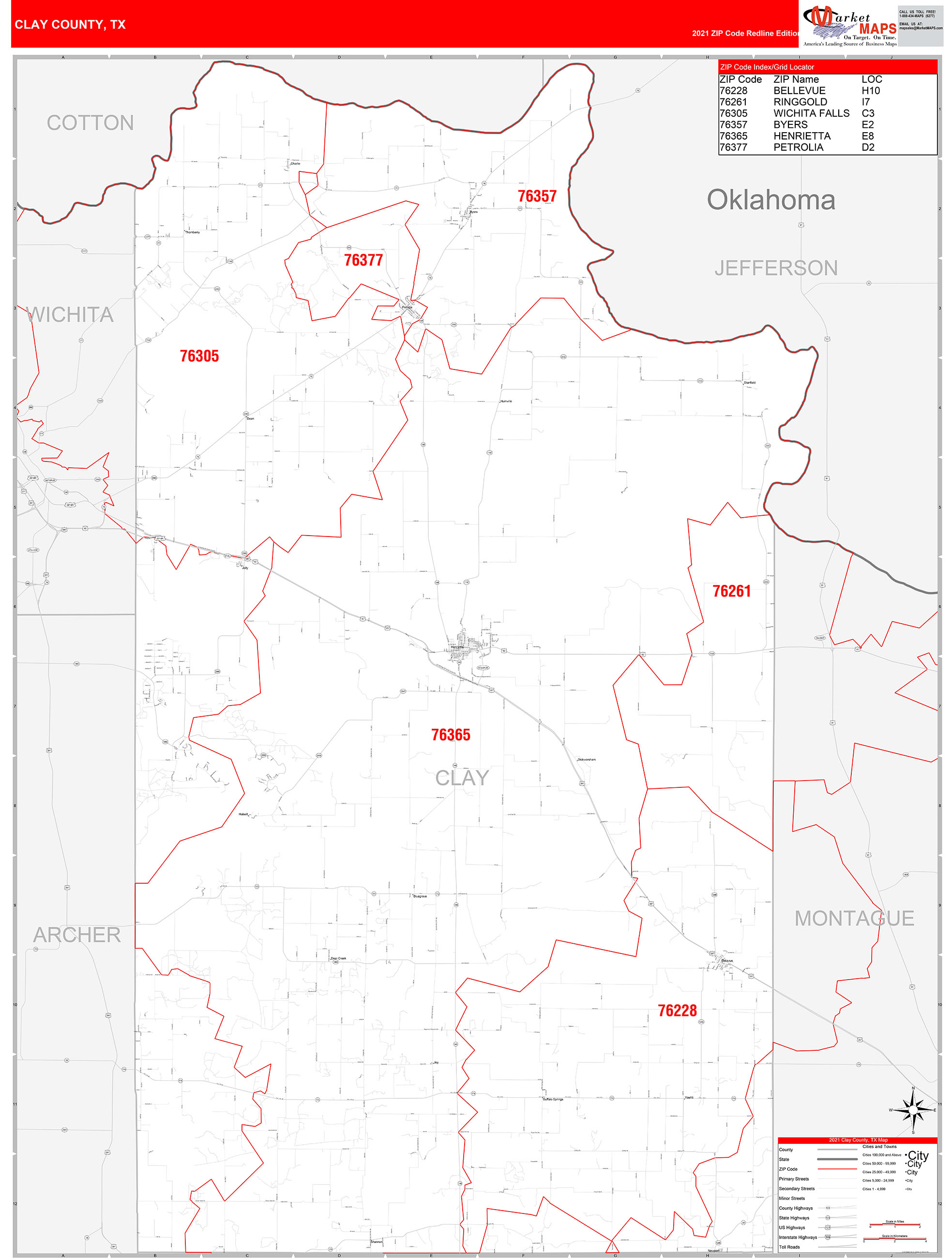 Clay County, TX Zip Code Wall Map Red Line Style by MarketMAPS