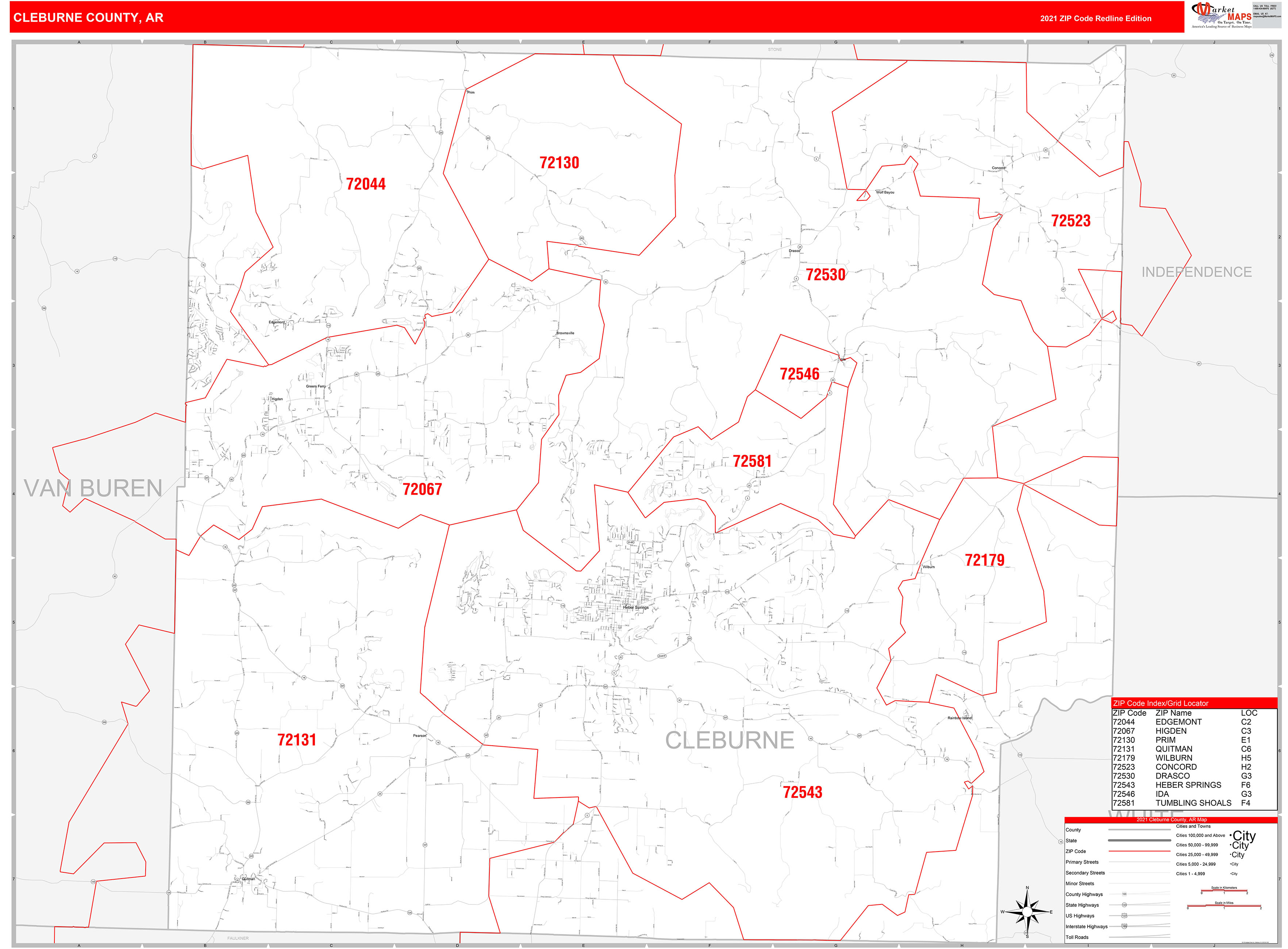 Cleburne County, AR Zip Code Wall Map Red Line Style by MarketMAPS