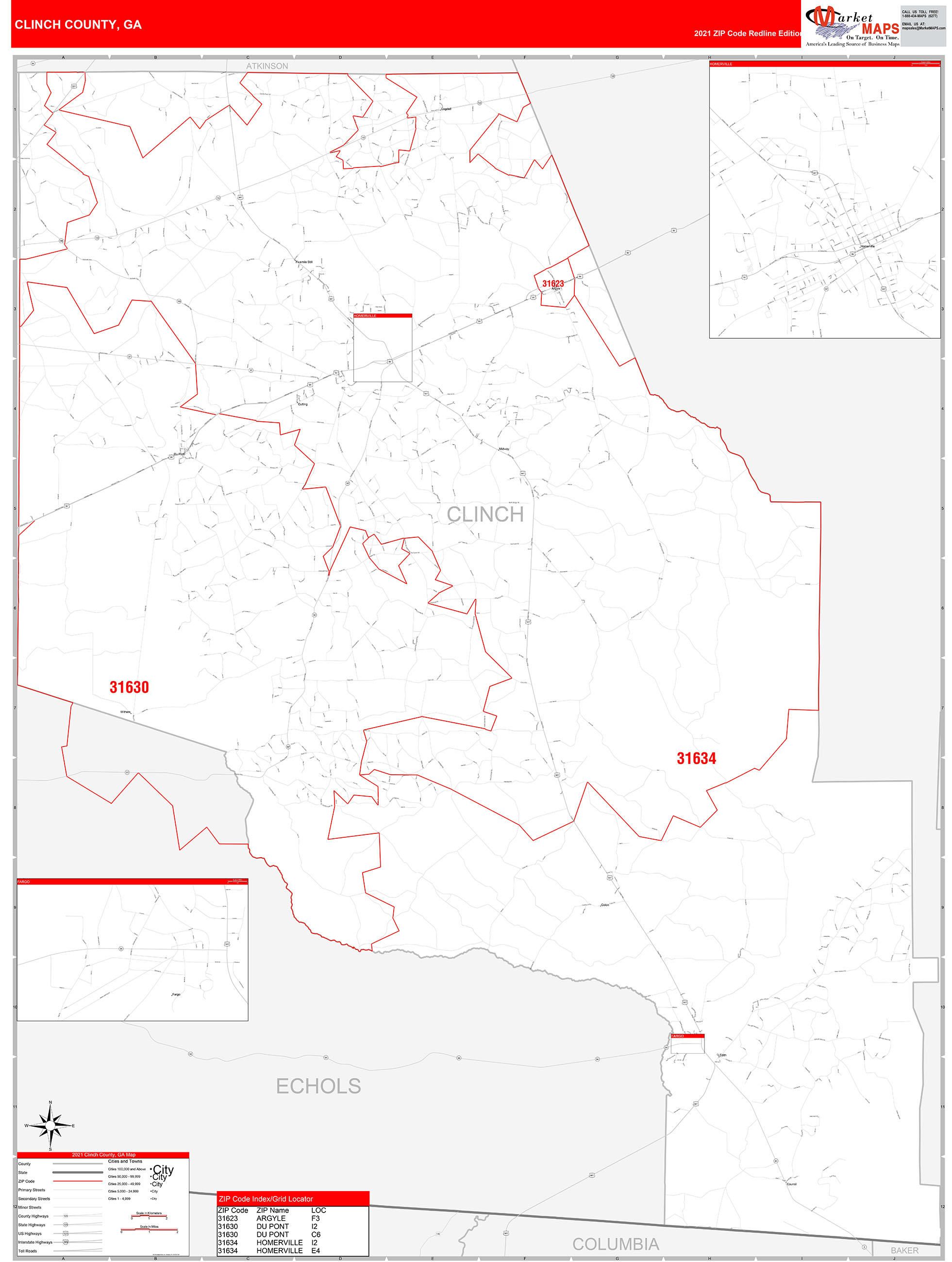 Clinch County, GA Zip Code Wall Map Red Line Style by MarketMAPS