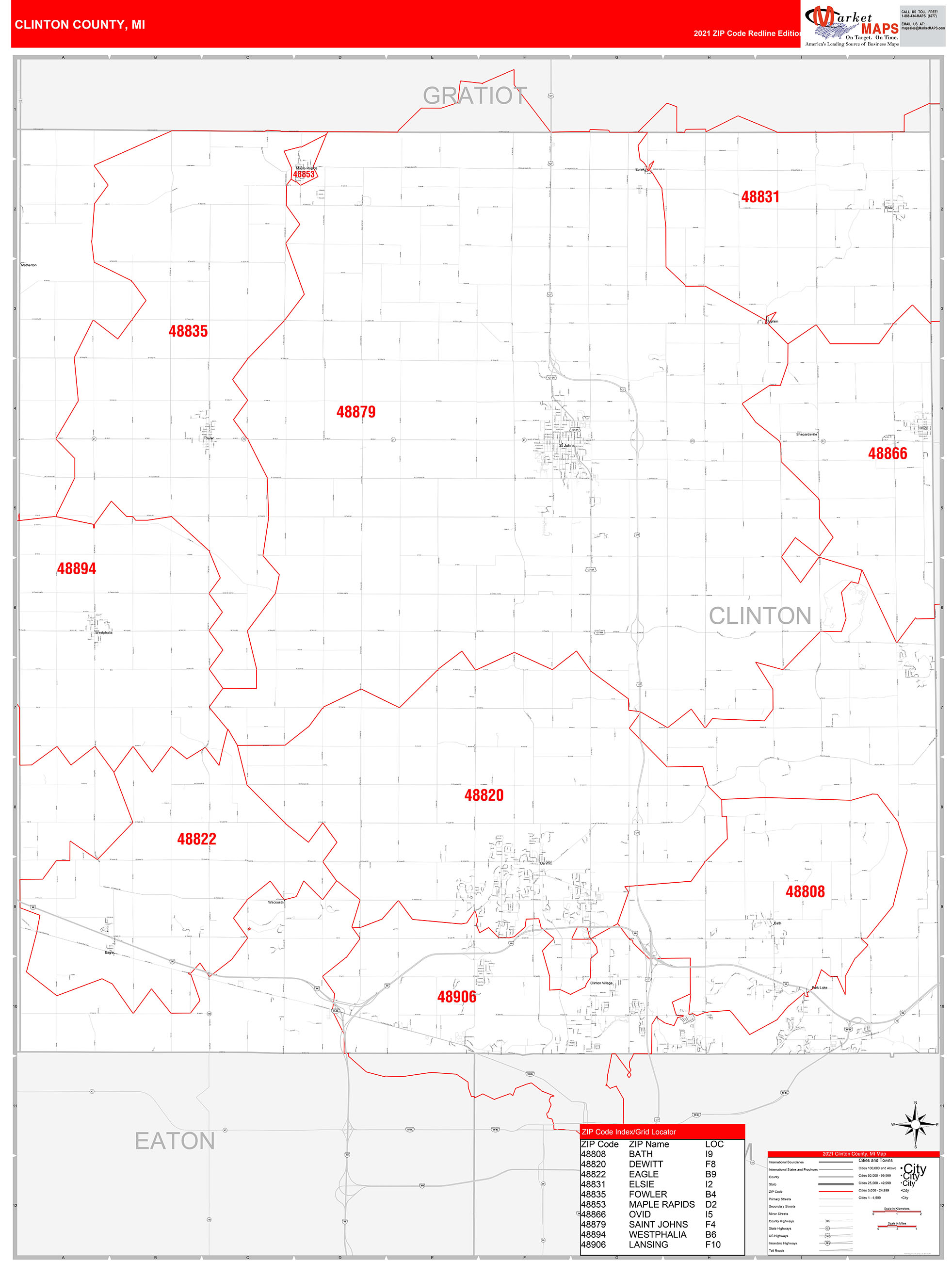 Clinton County, MI Zip Code Wall Map Red Line Style by MarketMAPS
