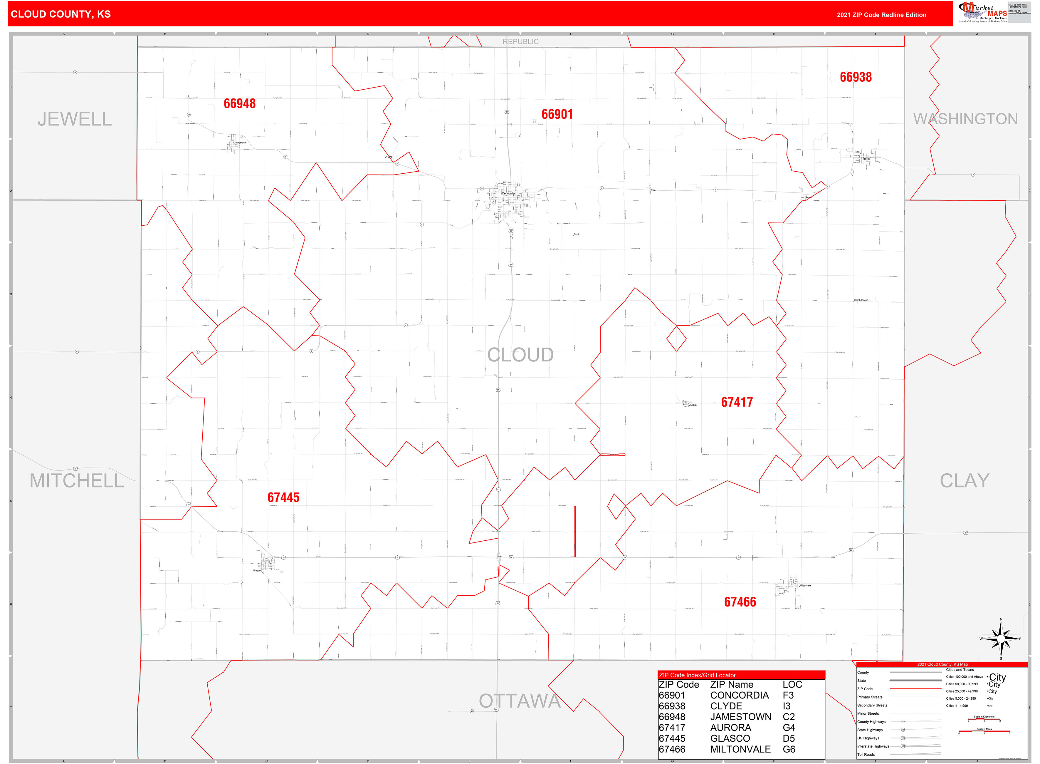 Cloud County, KS Zip Code Wall Map Red Line Style by MarketMAPS MapSales