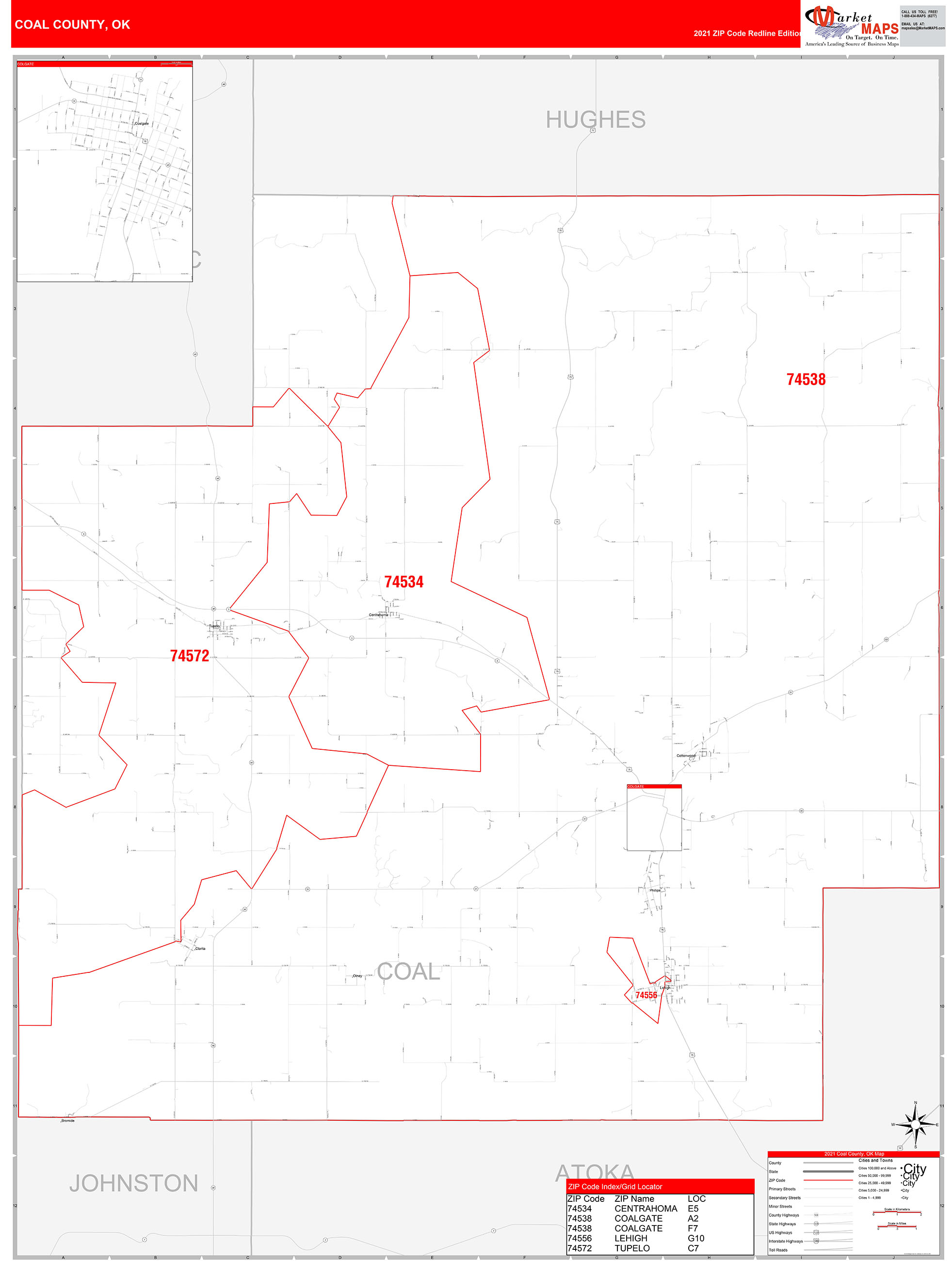 Coal County, OK Zip Code Wall Map Red Line Style by MarketMAPS