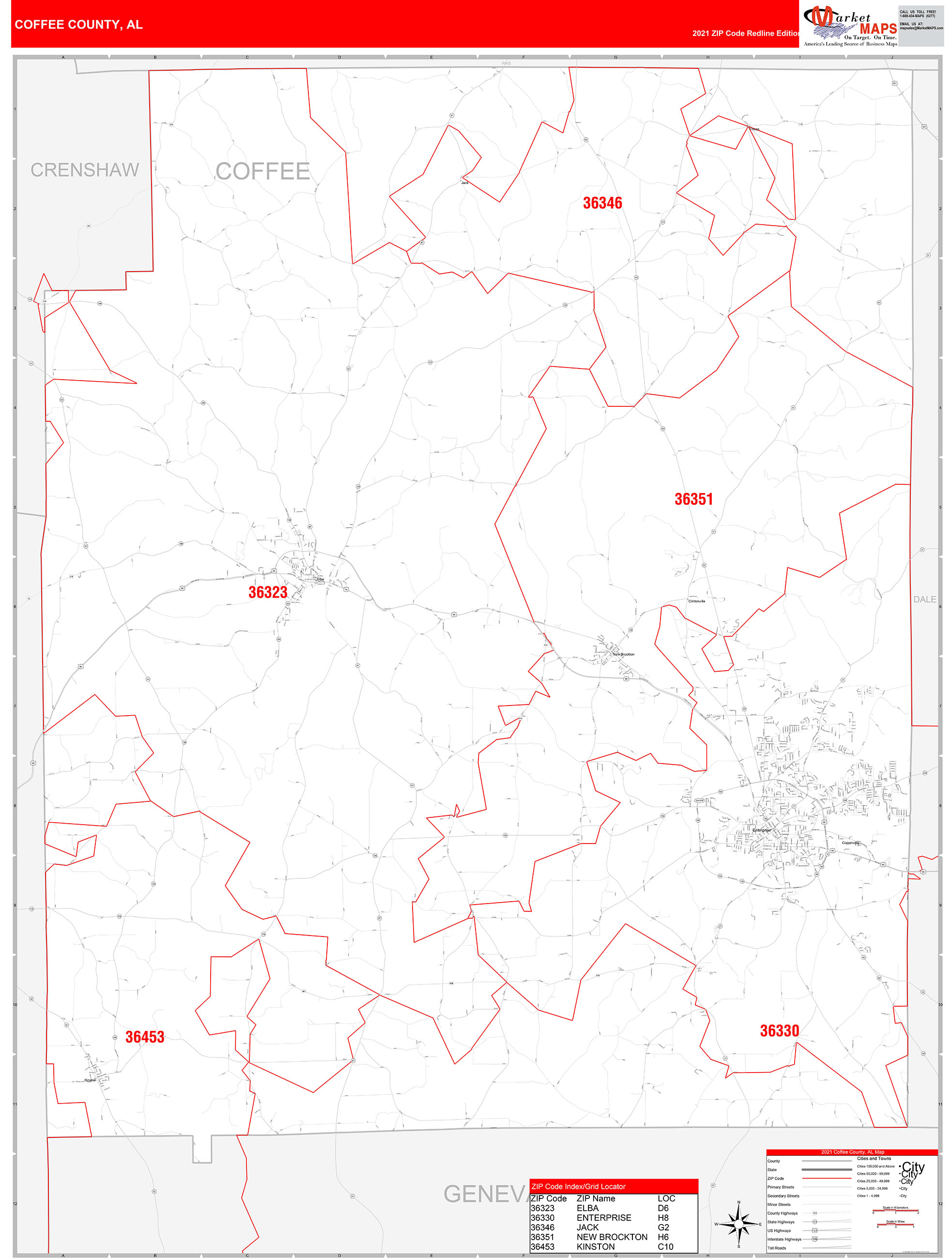 Coffee County, AL Zip Code Wall Map Red Line Style by MarketMAPS MapSales