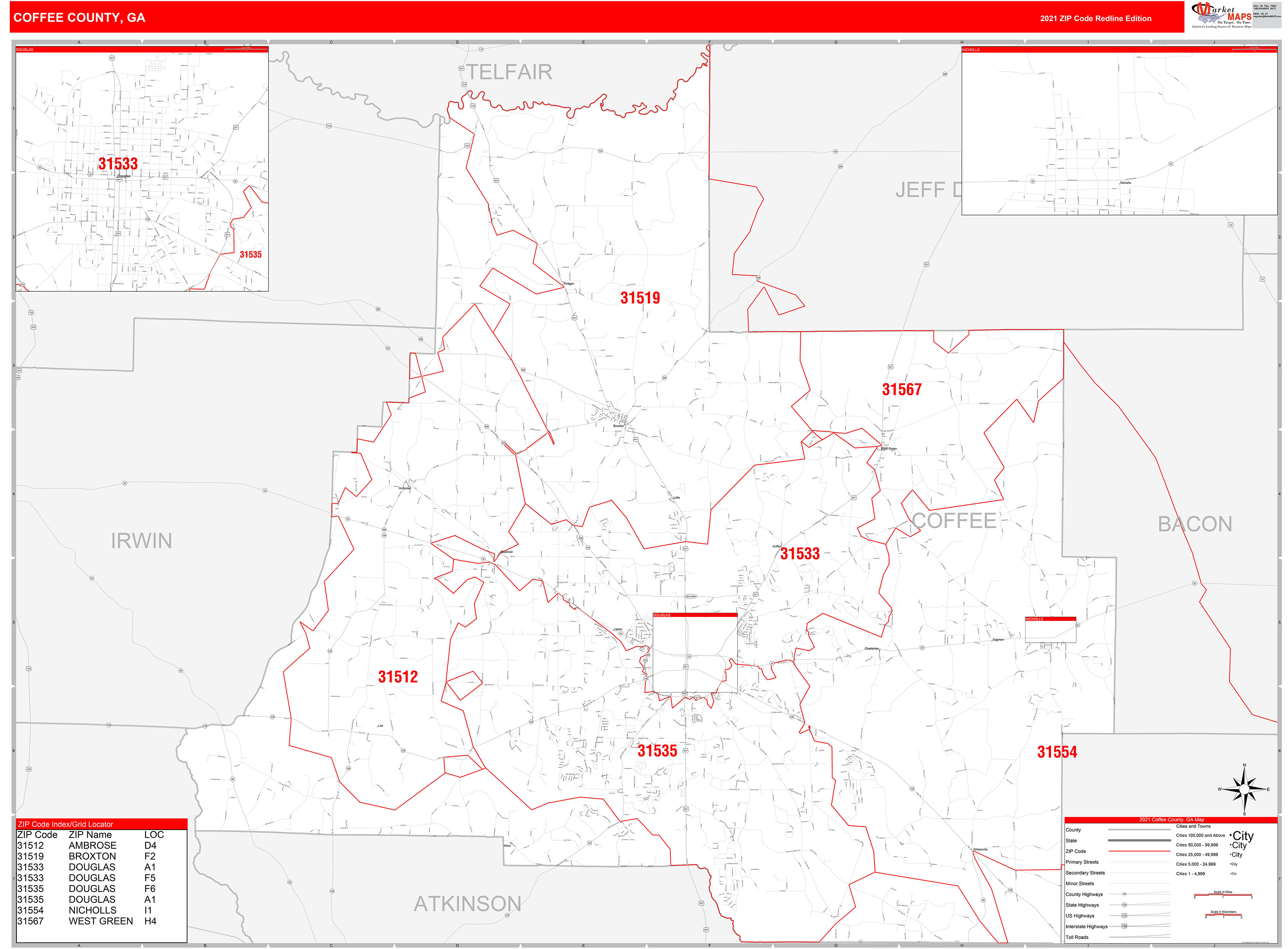 Coffee County, GA Zip Code Wall Map Red Line Style by MarketMAPS