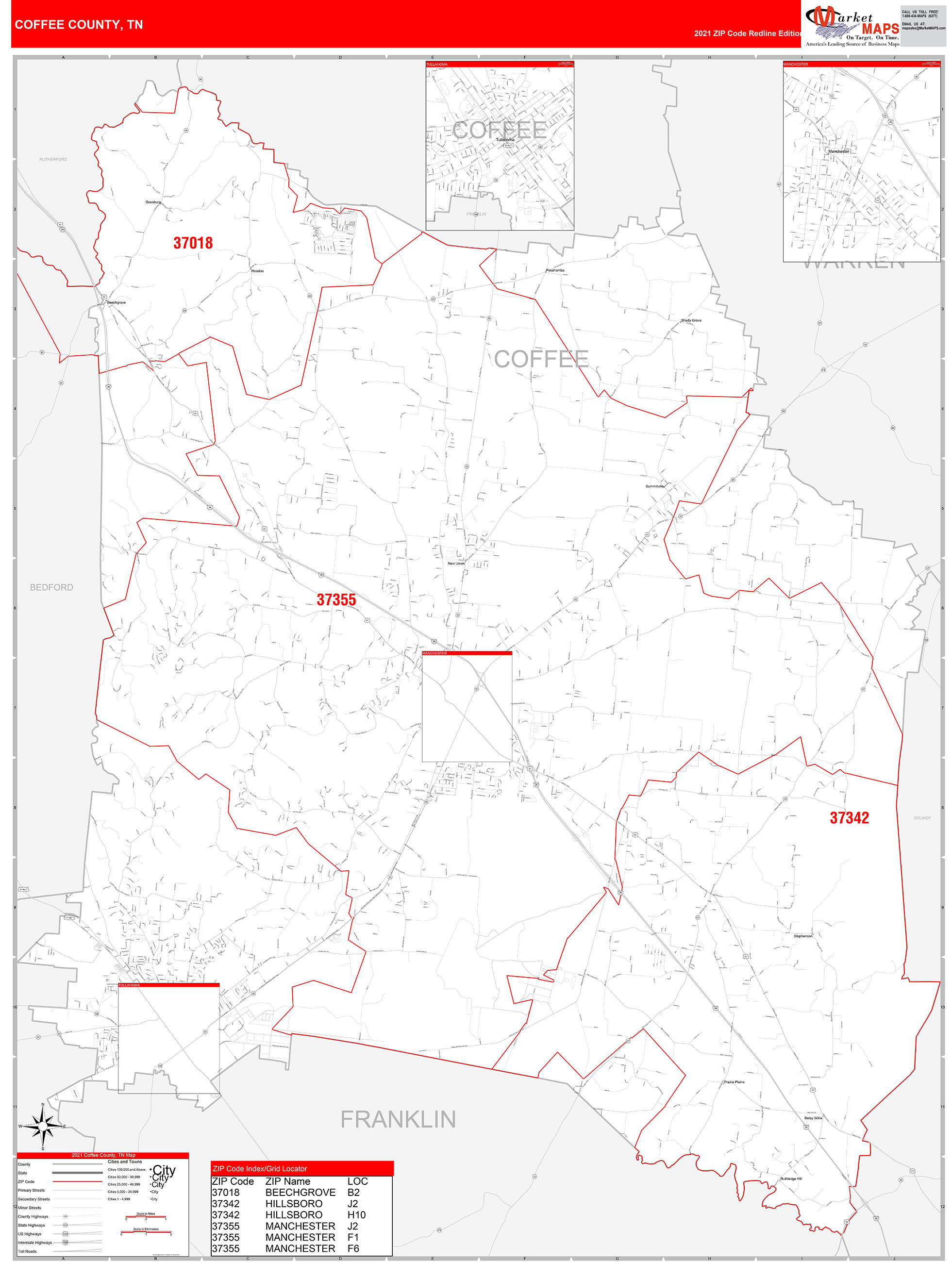 Coffee County, TN Zip Code Wall Map Red Line Style by MarketMAPS