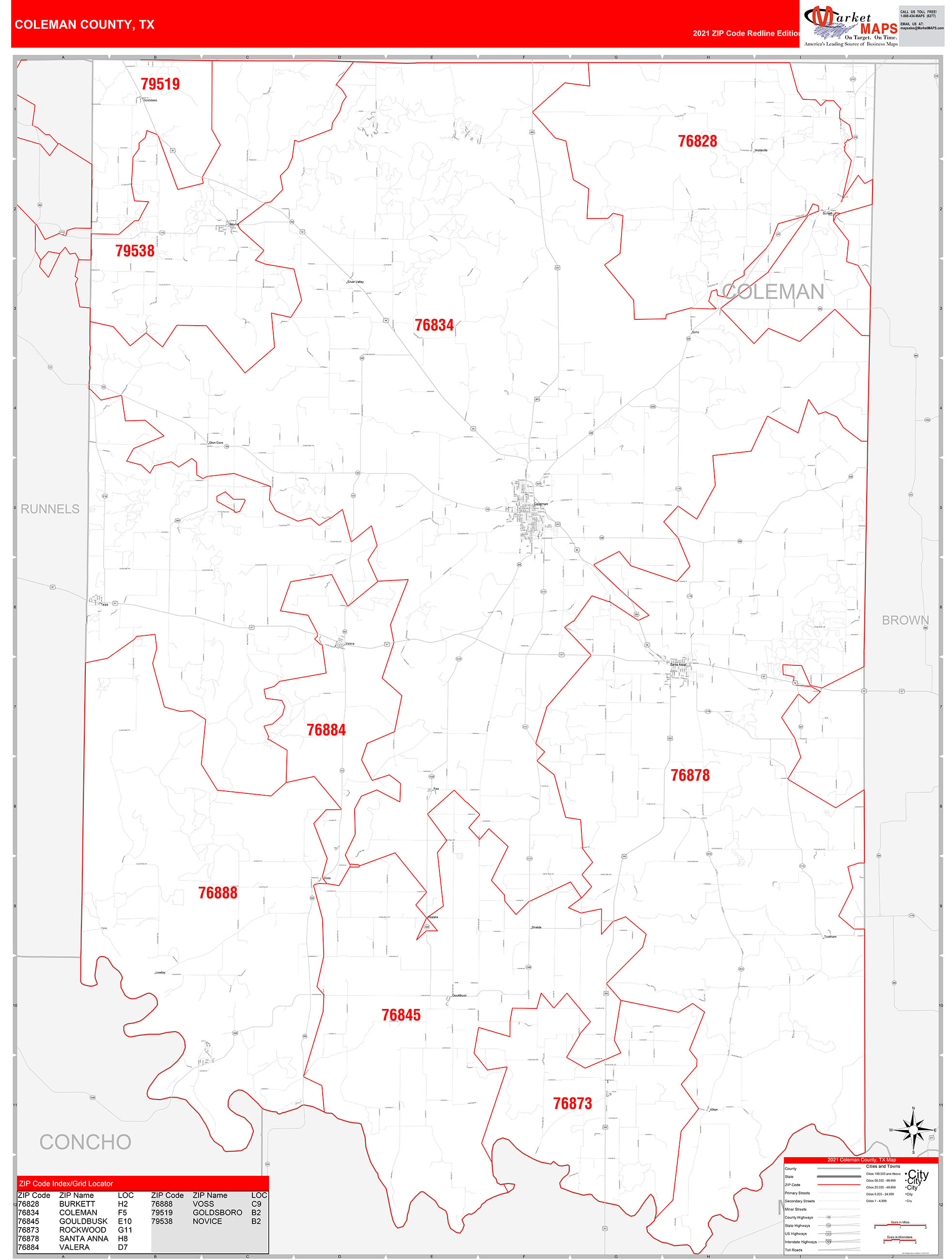 Coleman County, TX Zip Code Wall Map Red Line Style by MarketMAPS