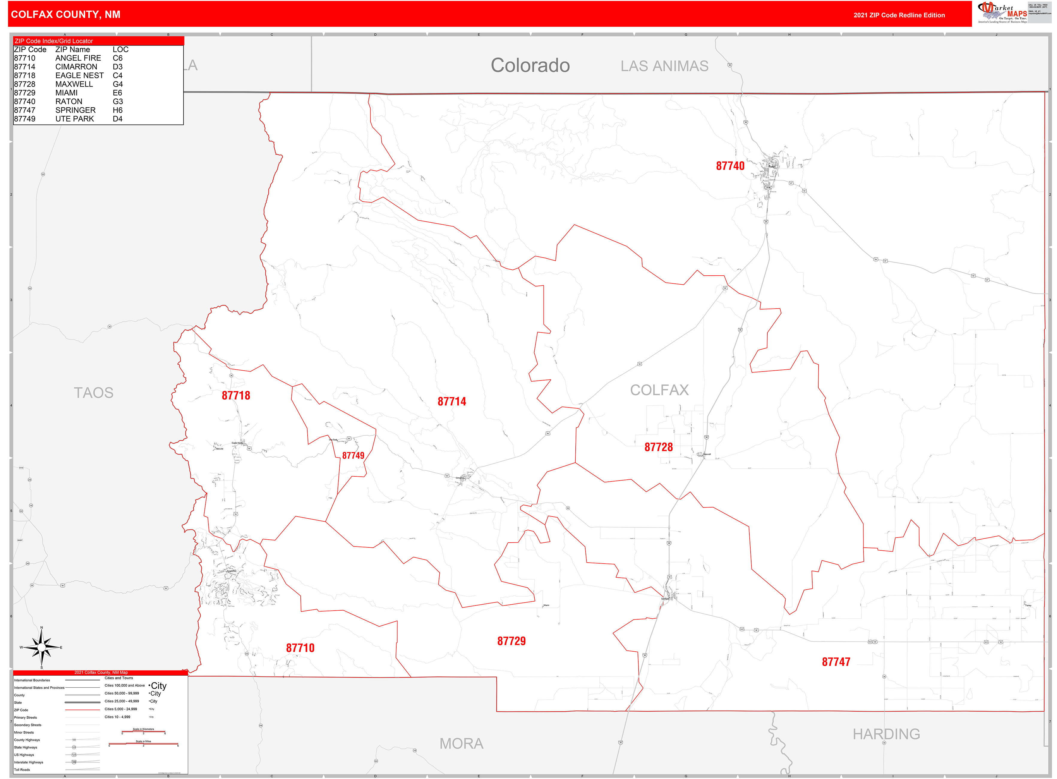 Colfax County, NM Zip Code Wall Map Red Line Style by MarketMAPS