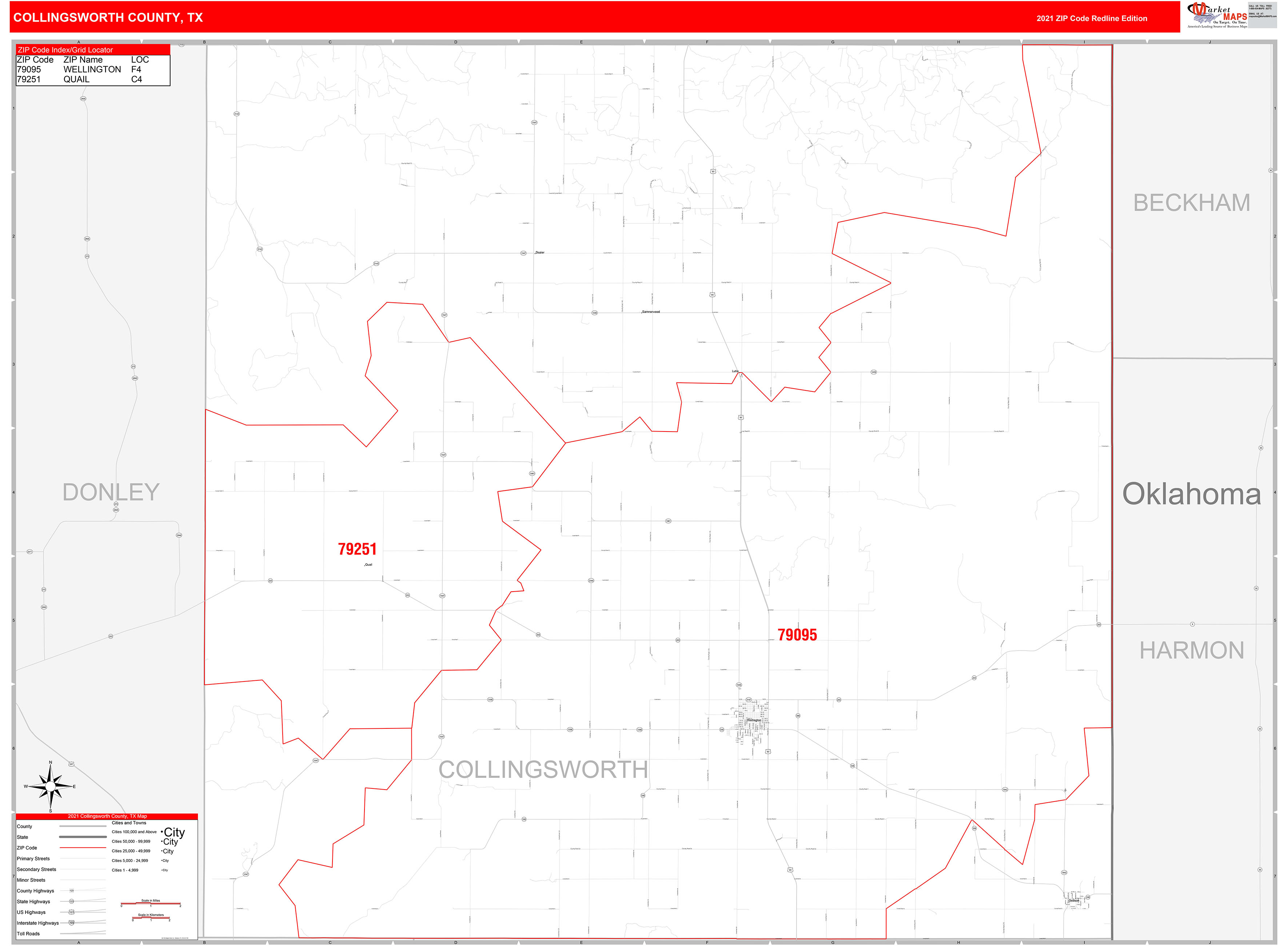 Collingsworth County, TX Zip Code Wall Map Red Line Style by MarketMAPS