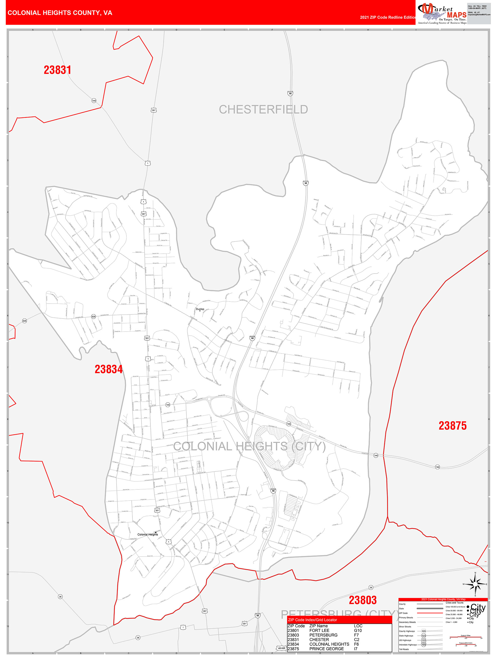 Colonial Heights County, VA Zip Code Wall Map Red Line Style by MarketMAPS