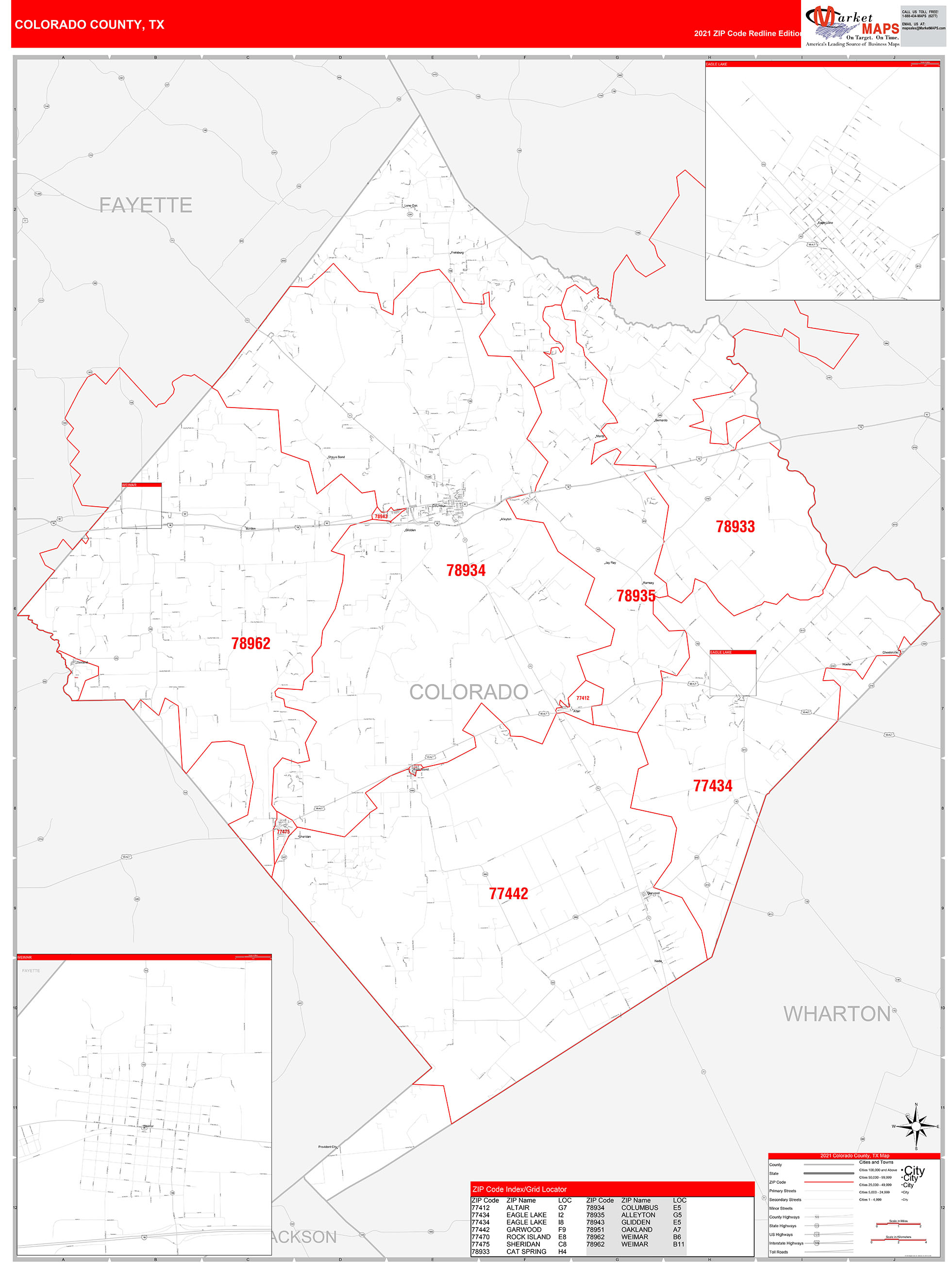 Colorado County, TX Zip Code Wall Map Red Line Style by MarketMAPS