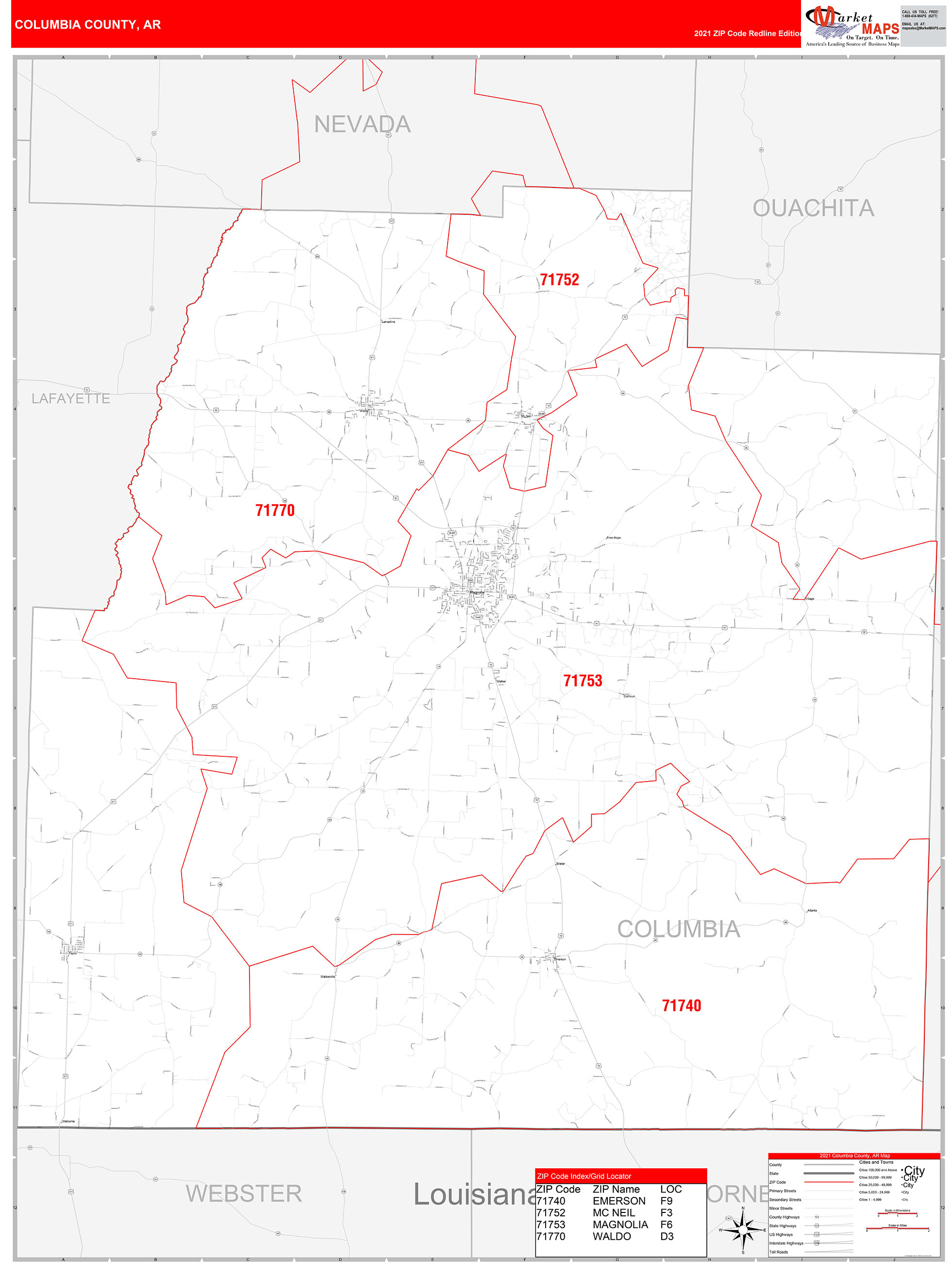 Columbia County, AR Zip Code Wall Map Red Line Style by MarketMAPS