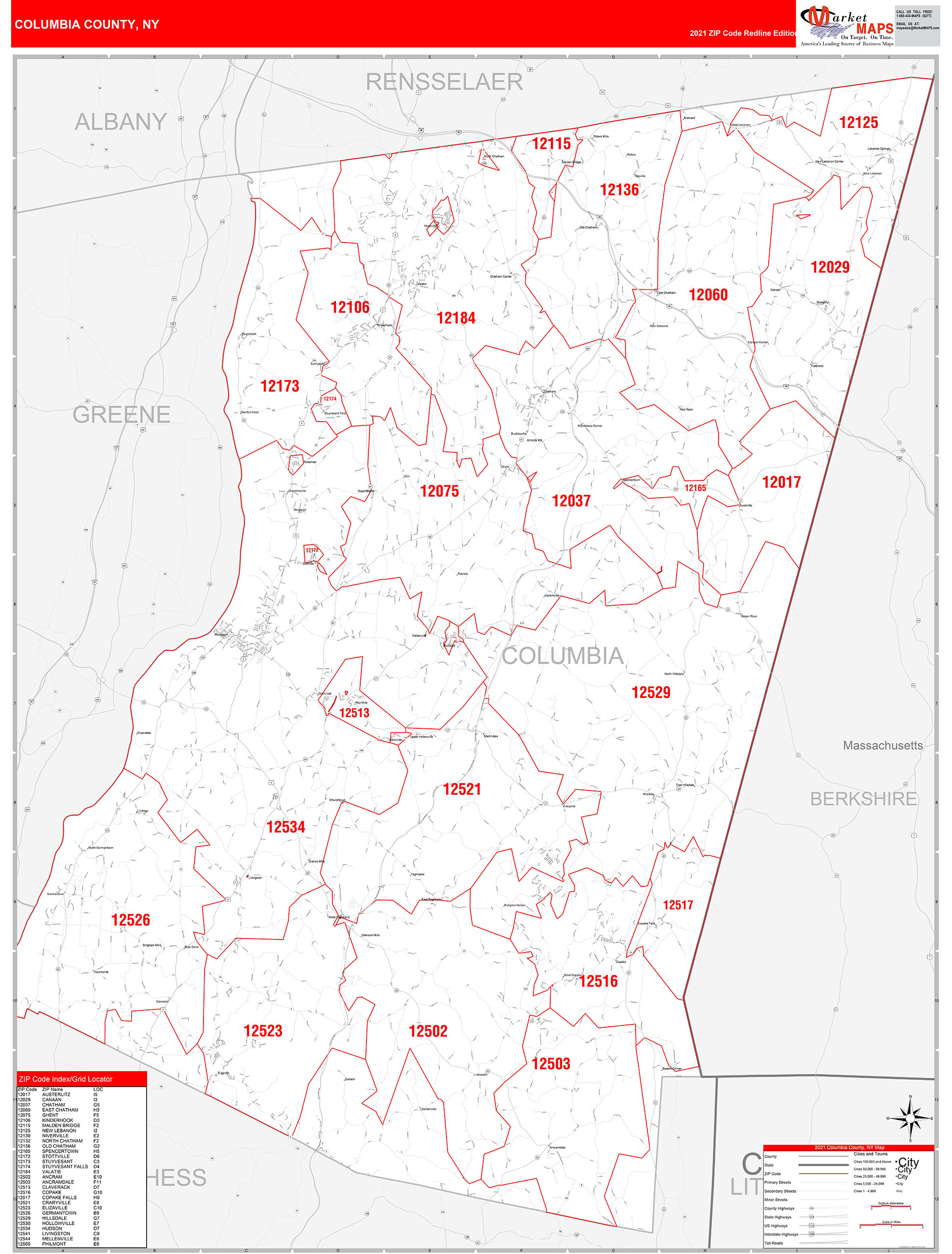 Columbia County, NY Zip Code Wall Map Red Line Style by MarketMAPS
