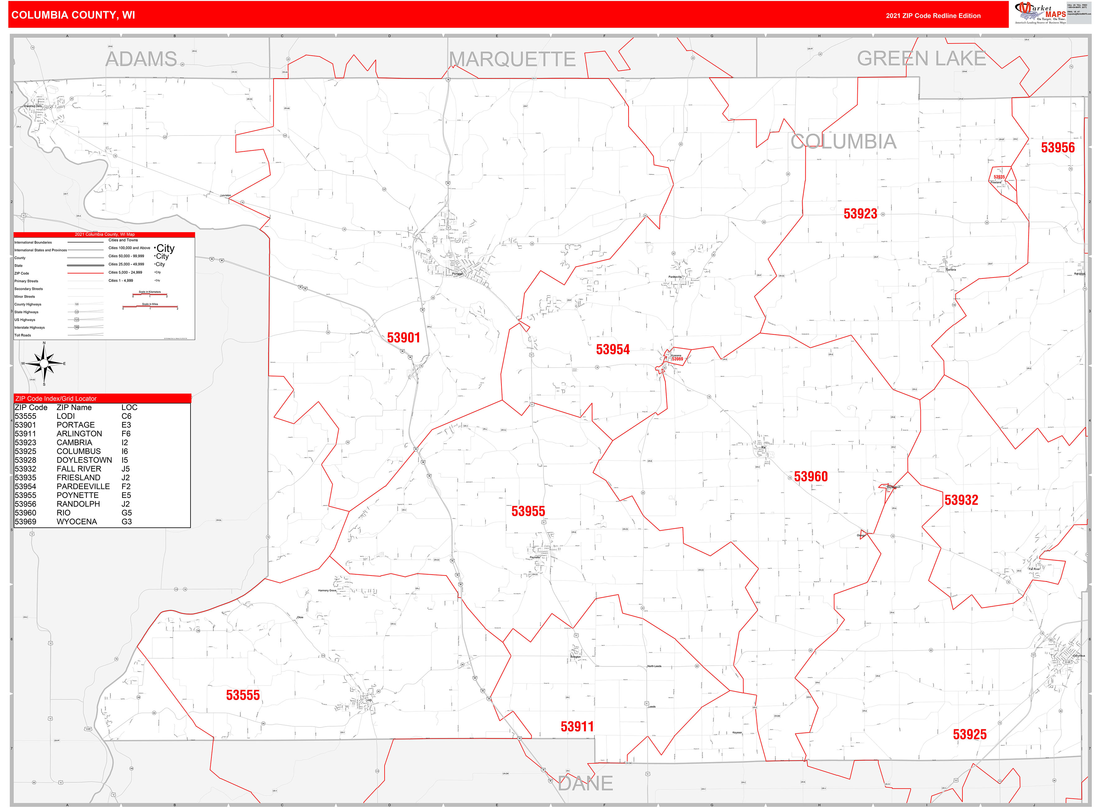 Columbia County, WI Zip Code Wall Map Red Line Style by MarketMAPS