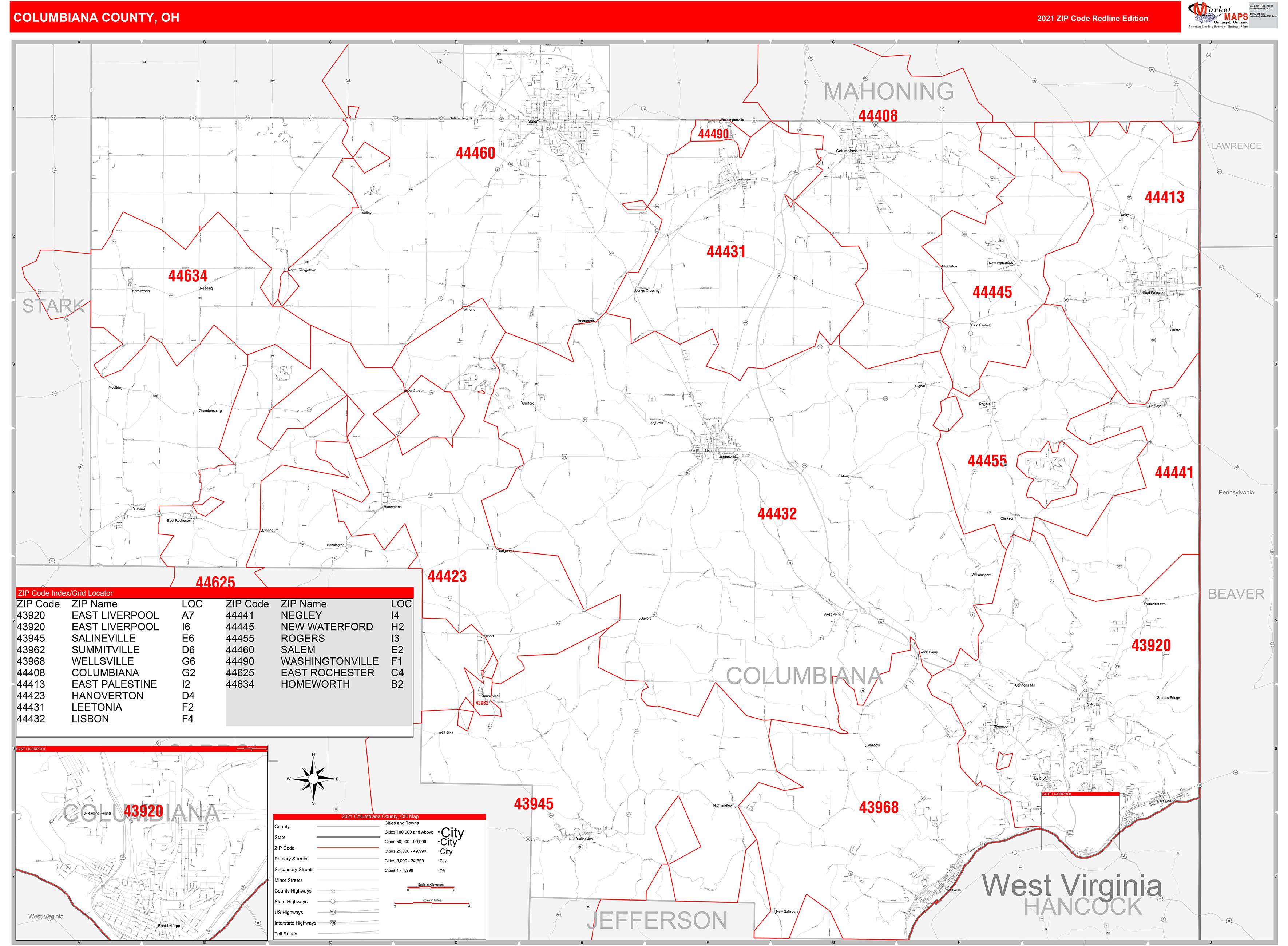 Columbiana County, OH Zip Code Wall Map Red Line Style by MarketMAPS