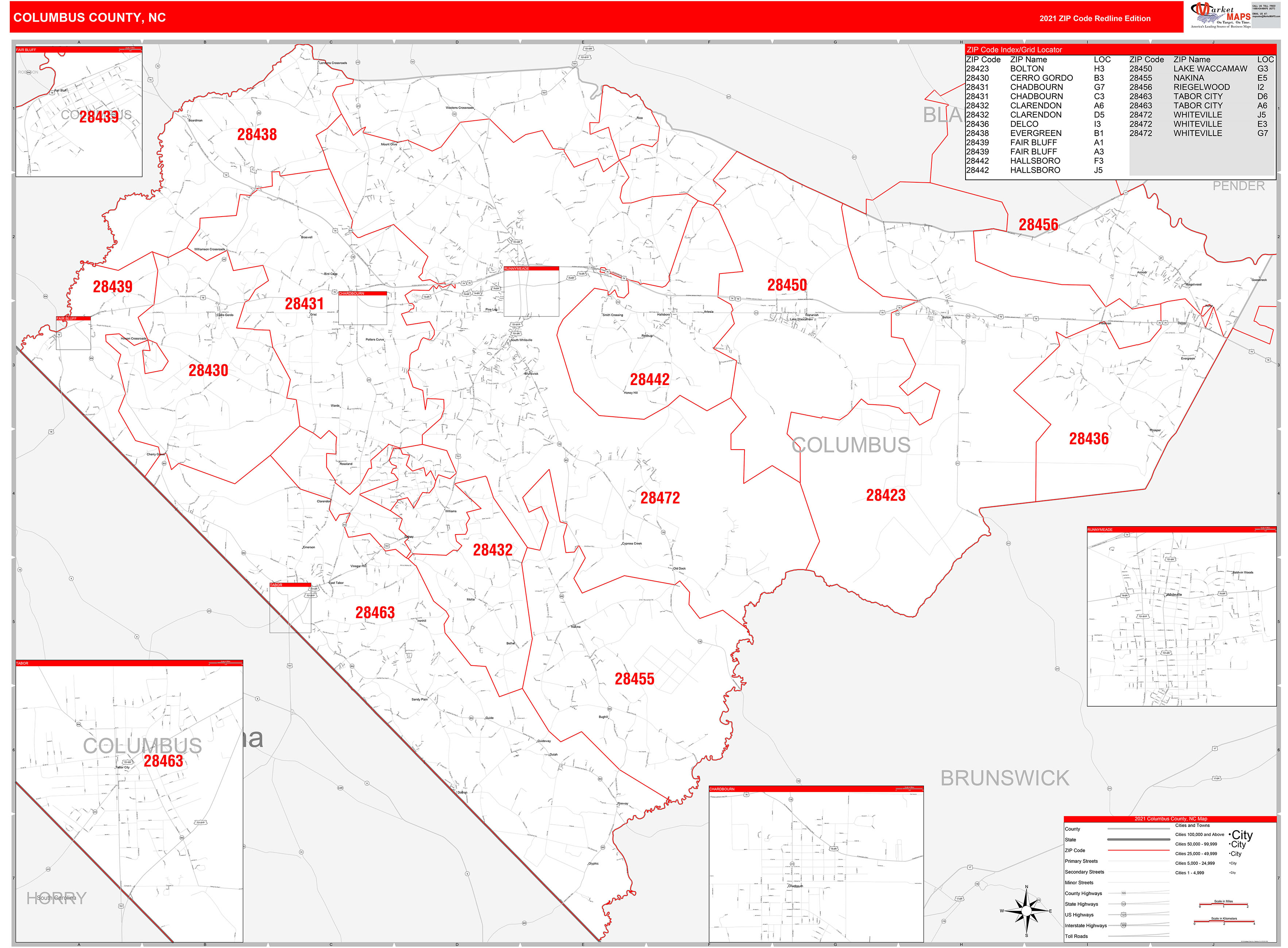 Columbus County Nc Zip Code Wall Map Red Line Style By Marketmaps