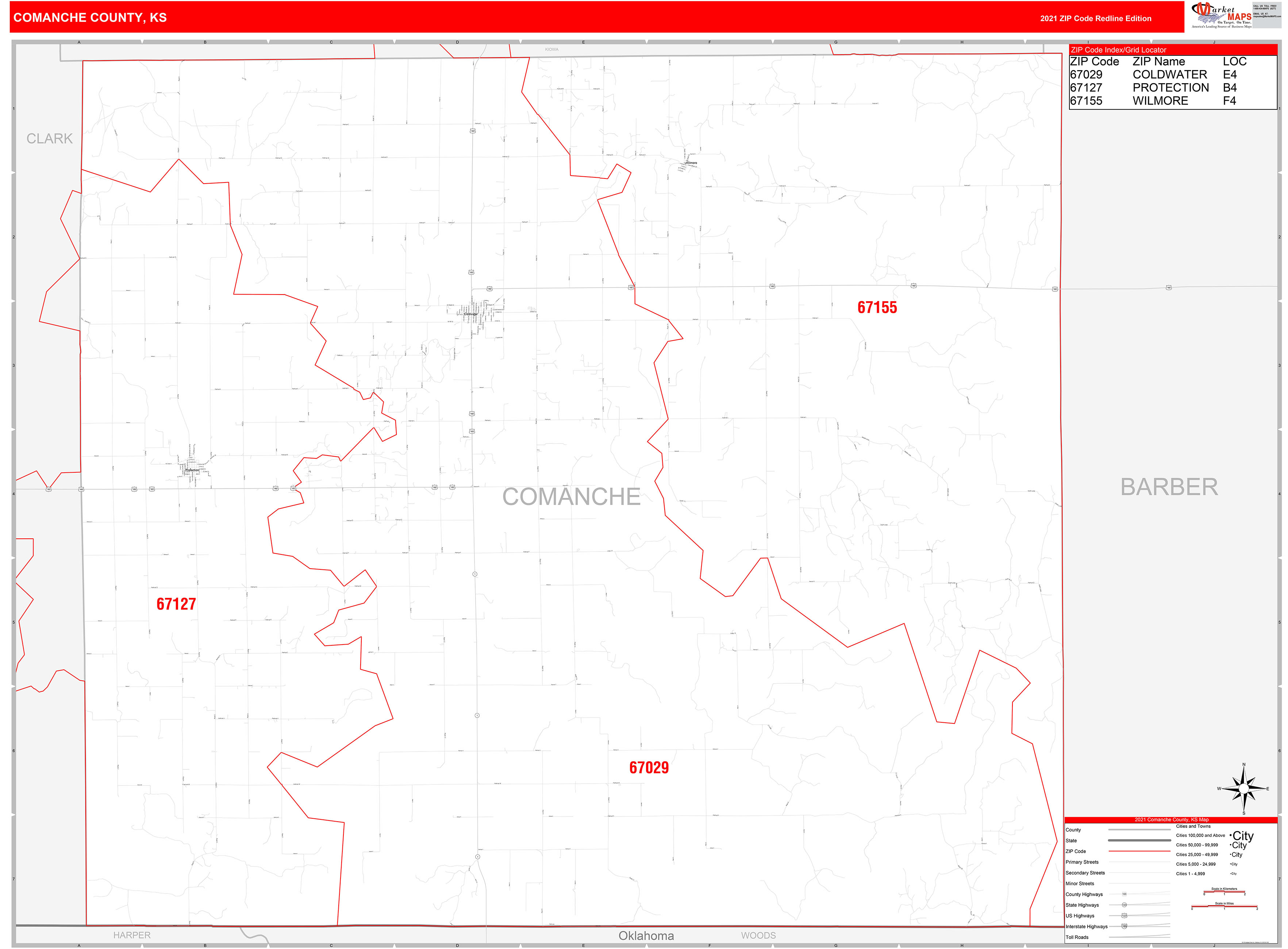 Comanche County, KS Zip Code Wall Map Red Line Style by MarketMAPS