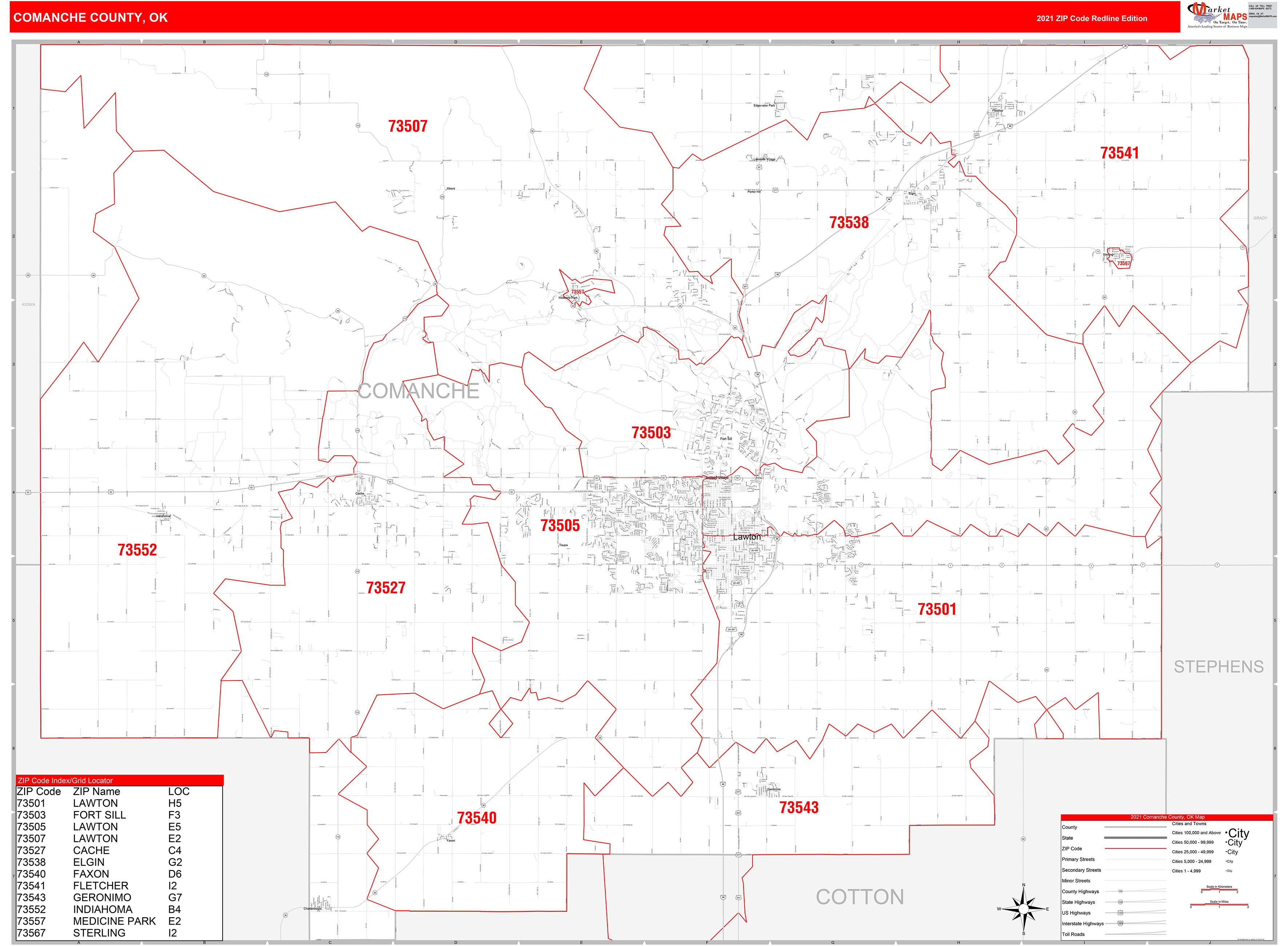 Comanche County, OK Zip Code Wall Map Red Line Style by MarketMAPS