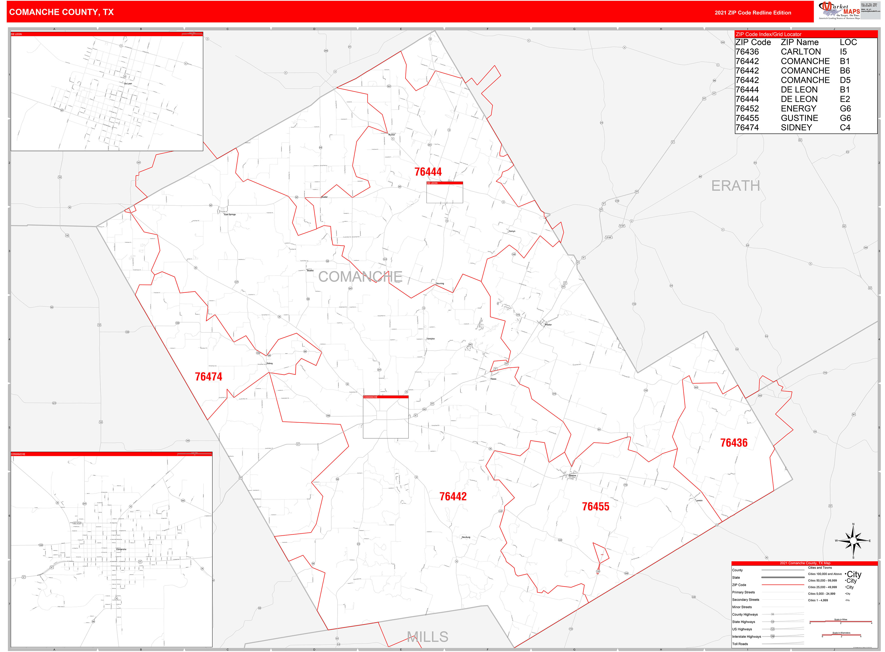 Comanche County, TX Zip Code Wall Map Red Line Style by MarketMAPS