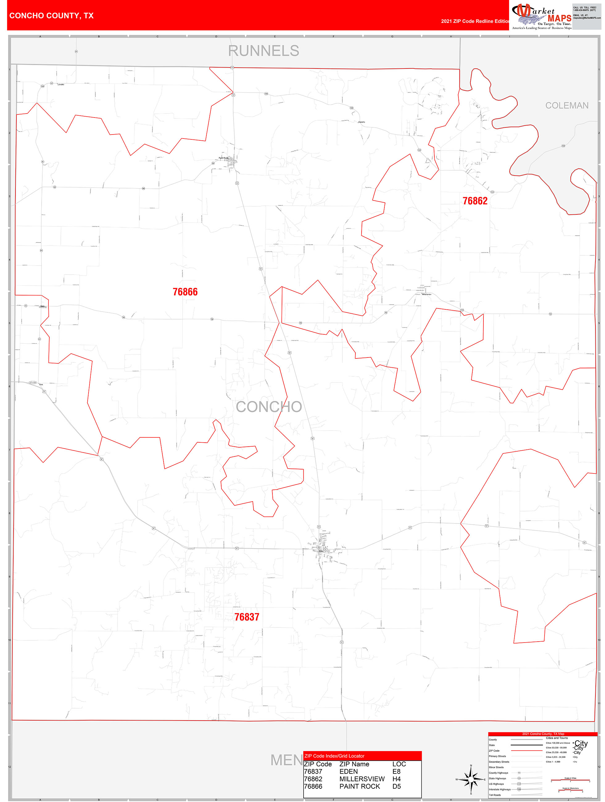 Concho County, TX Zip Code Wall Map Red Line Style by MarketMAPS