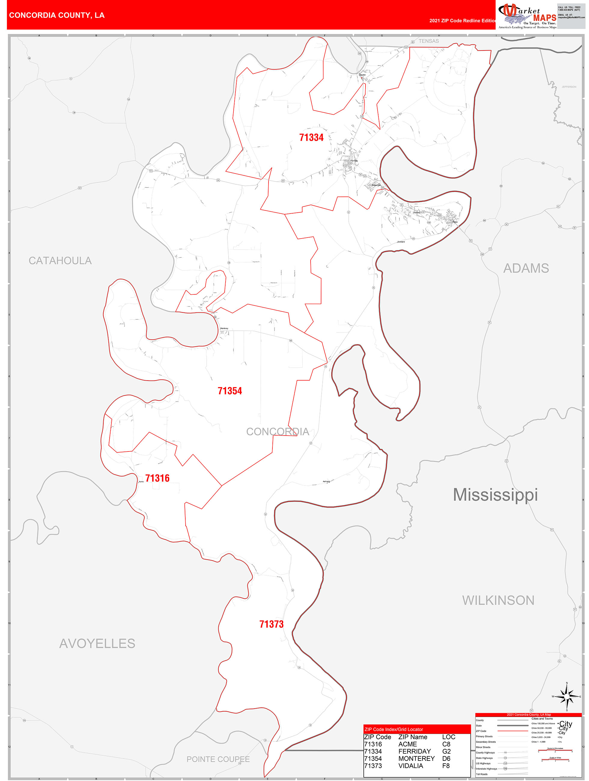 Concordia County, LA Zip Code Wall Map Red Line Style by MarketMAPS