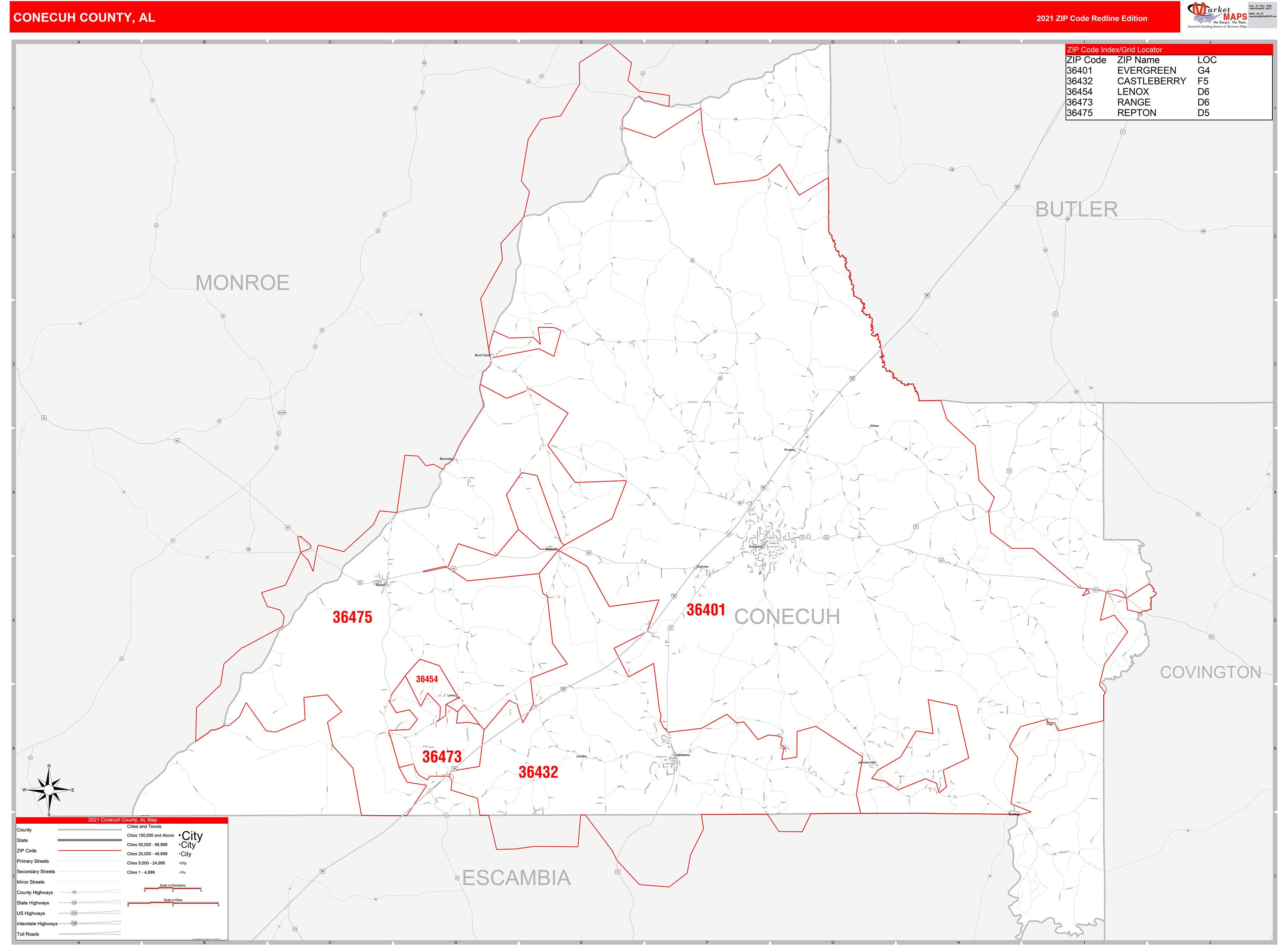 Conecuh County, AL Zip Code Wall Map Red Line Style by MarketMAPS