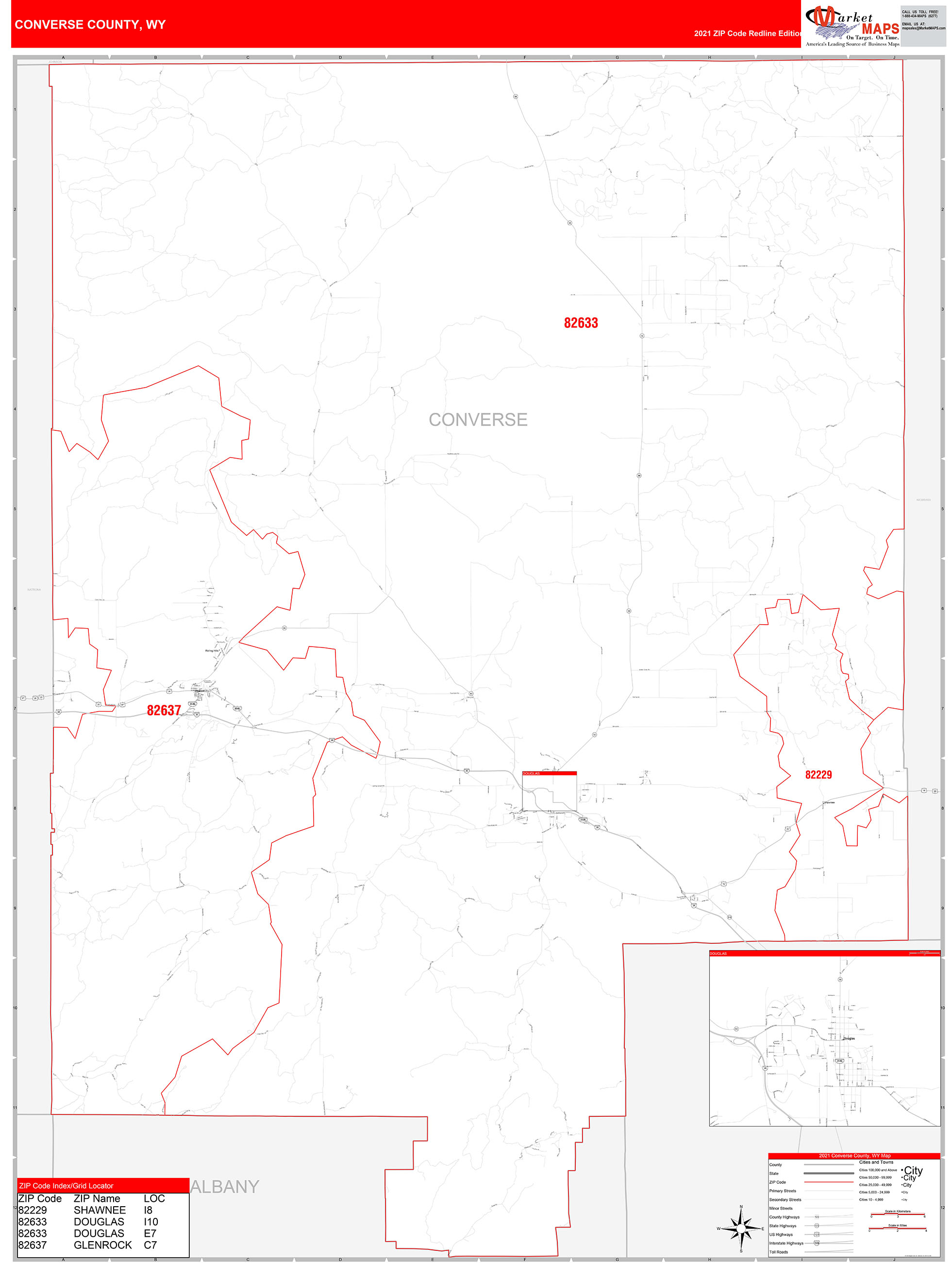Converse County, WY Zip Code Wall Map Red Line Style by MarketMAPS