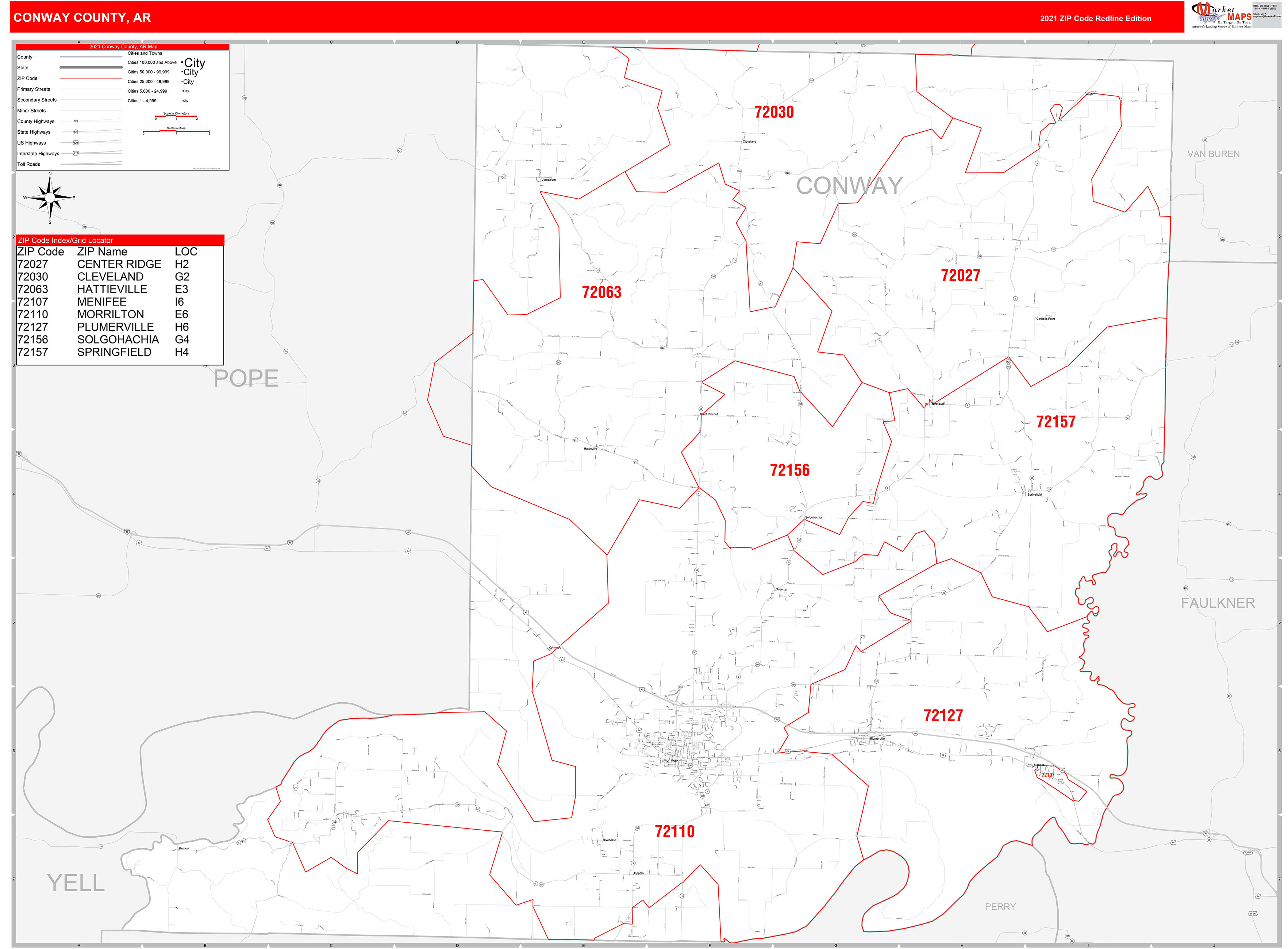 Conway County, AR Zip Code Wall Map Red Line Style by MarketMAPS