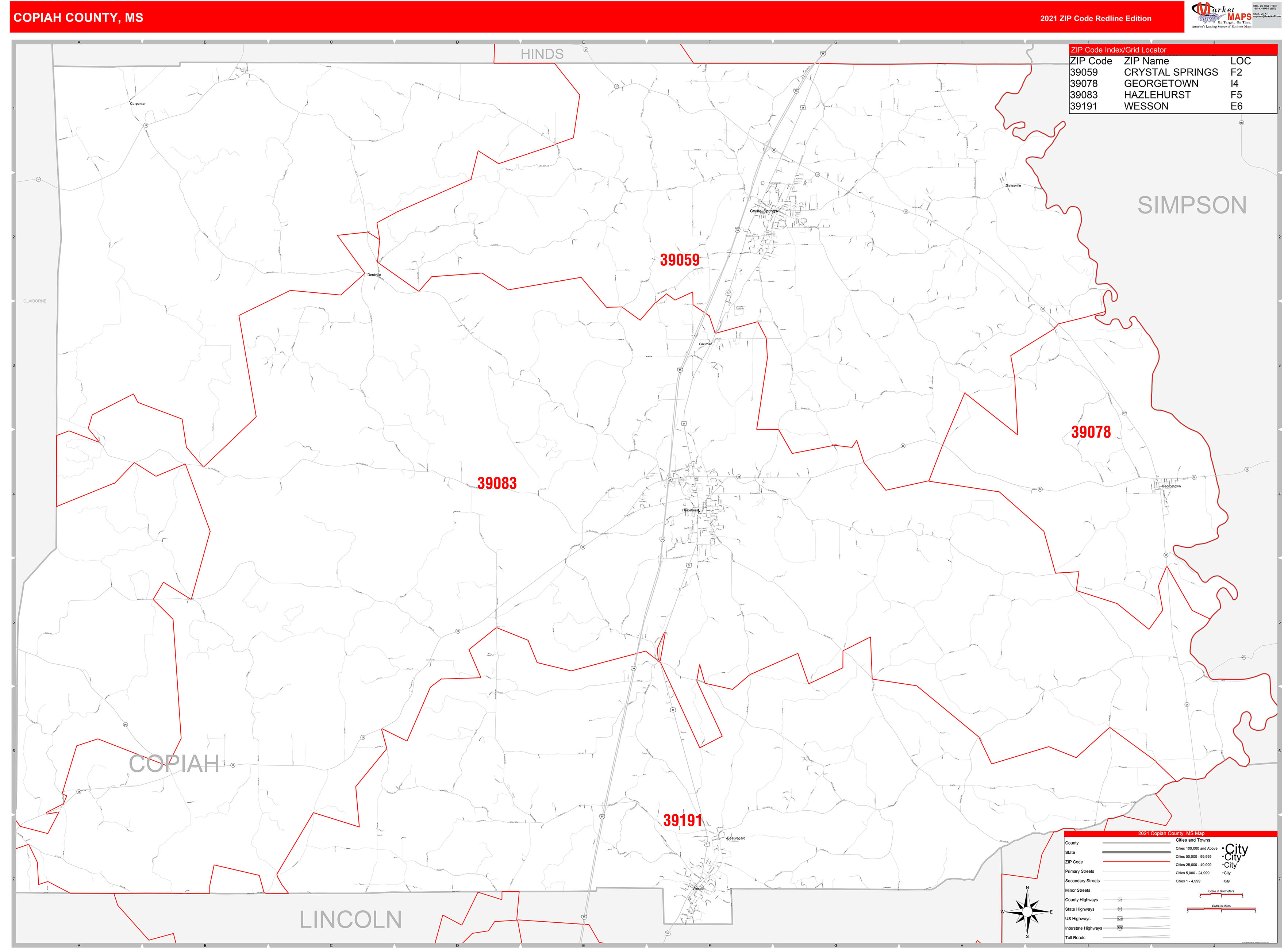 Copiah County, MS Zip Code Wall Map Red Line Style by MarketMAPS MapSales