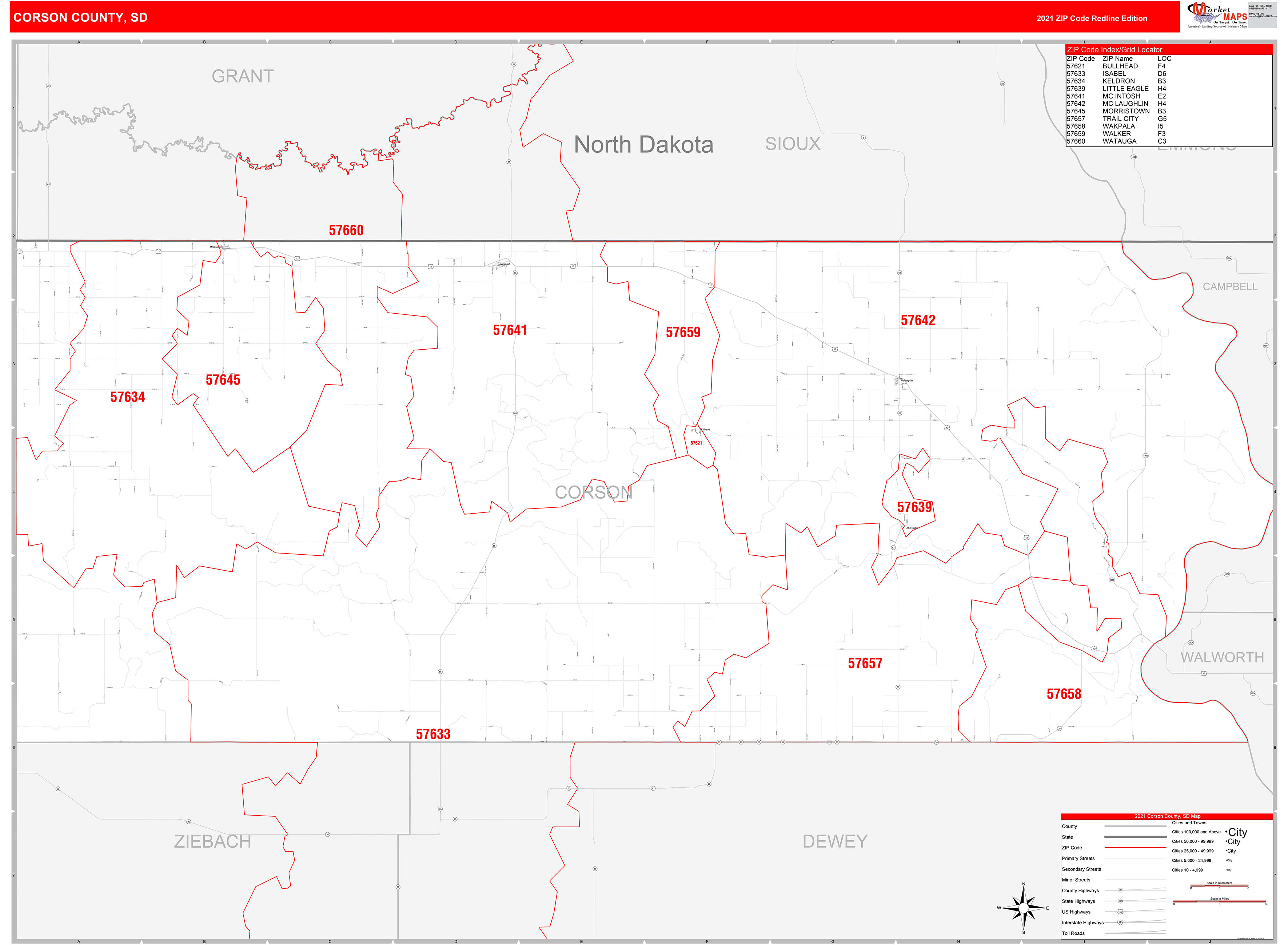 Corson County, SD Zip Code Wall Map Red Line Style by MarketMAPS MapSales