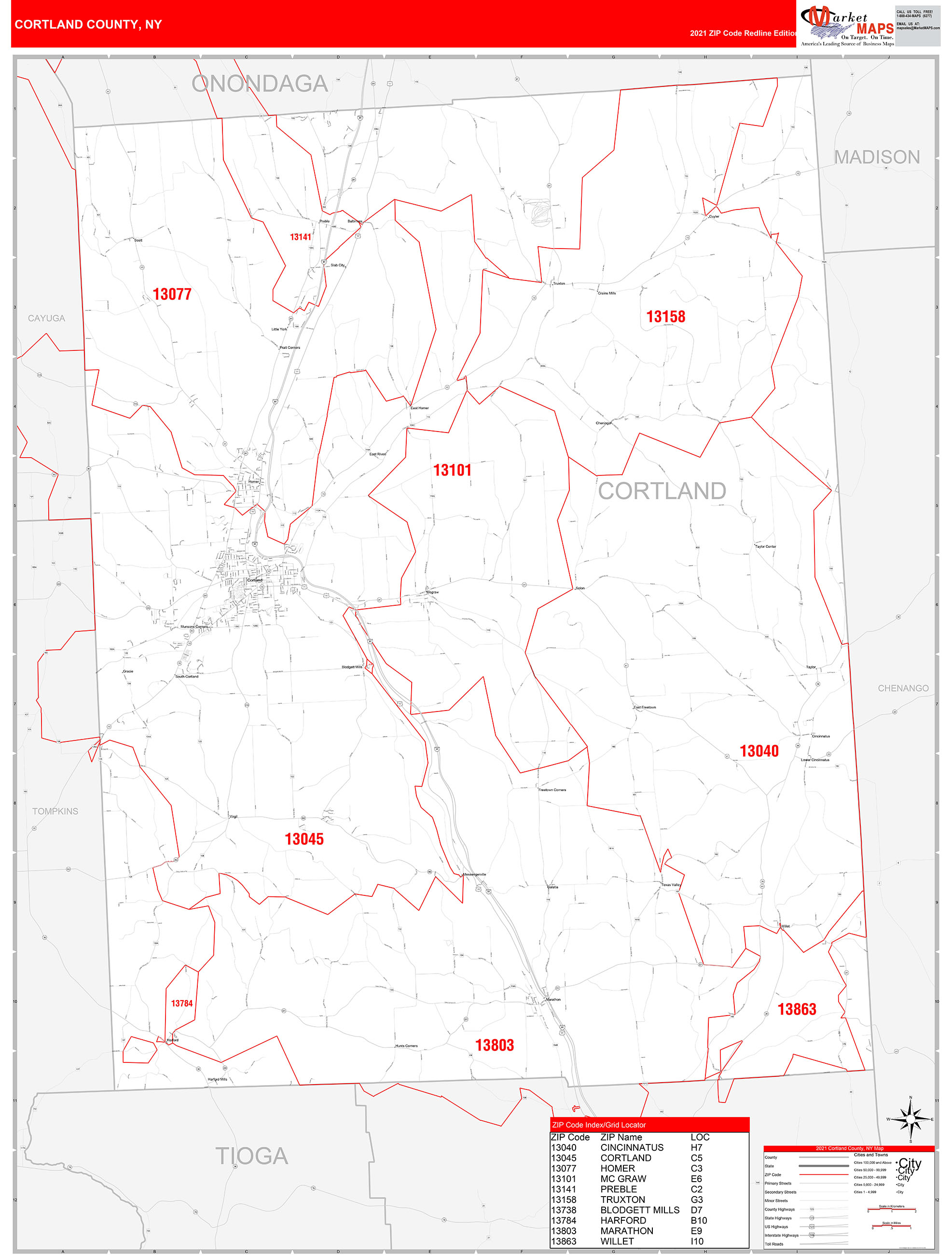 Cortland County, NY Zip Code Wall Map Red Line Style by MarketMAPS