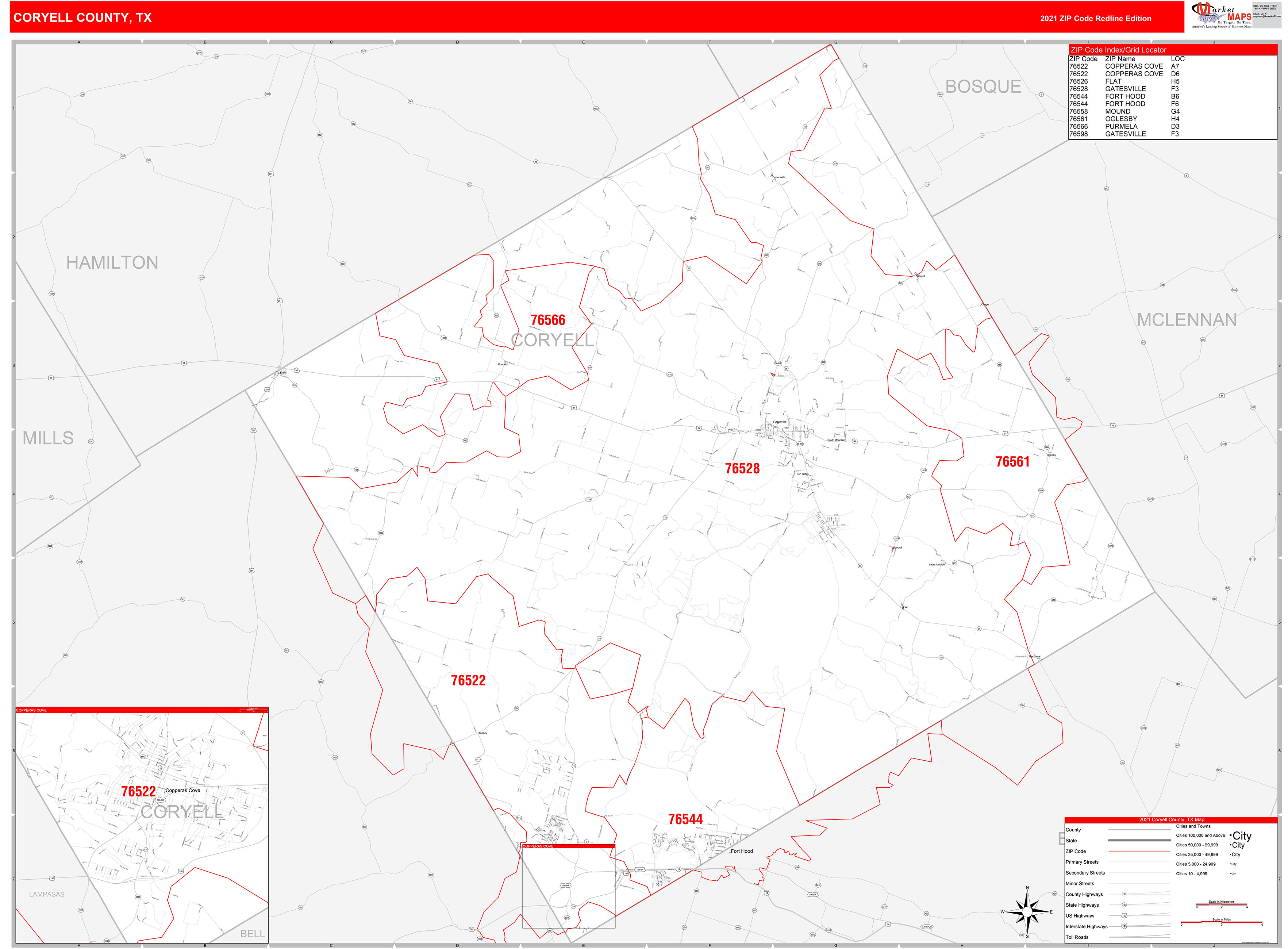 Coryell County, TX Zip Code Wall Map Red Line Style by MarketMAPS