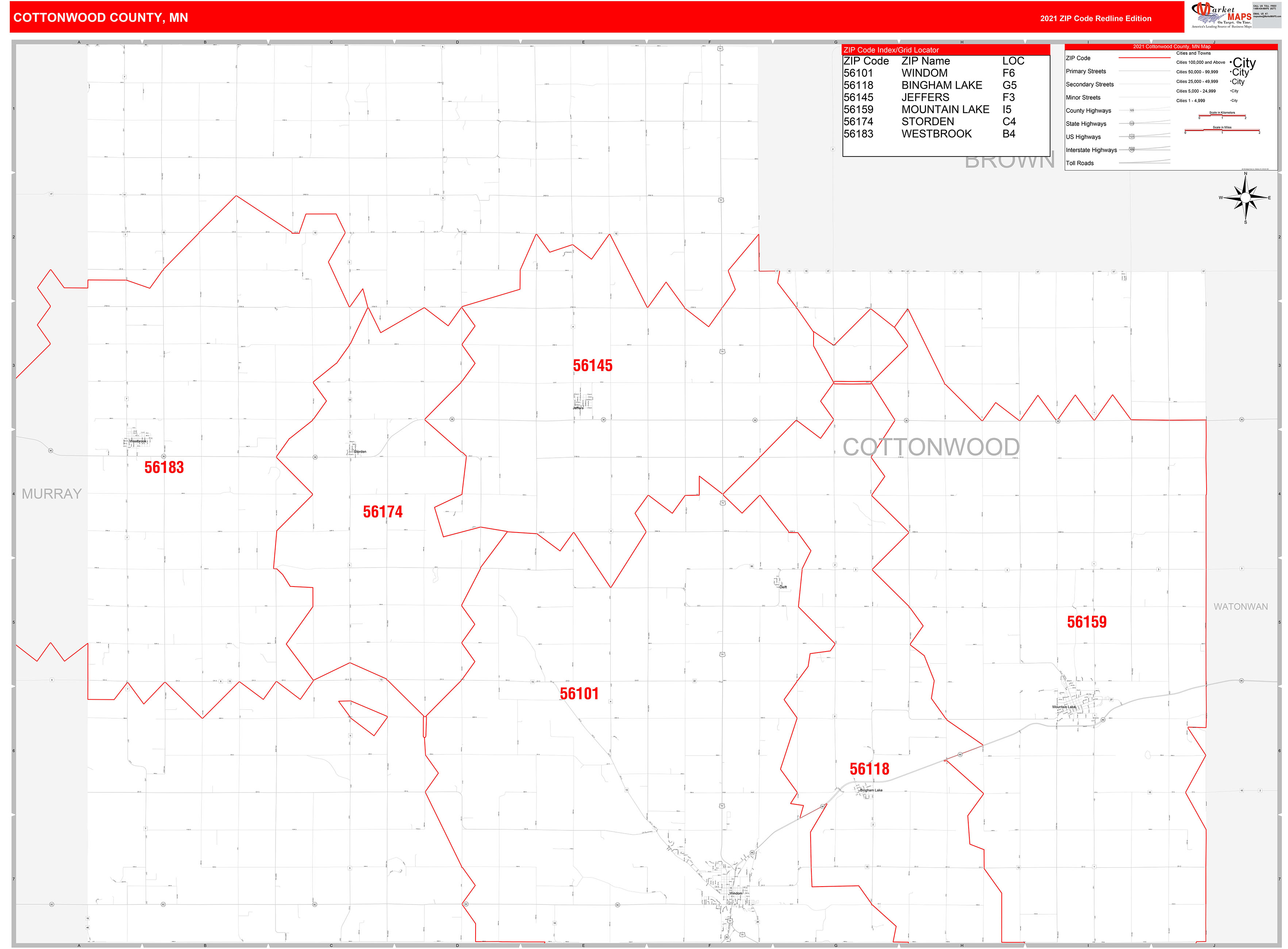 Cottonwood County, MN Zip Code Wall Map Red Line Style by MarketMAPS