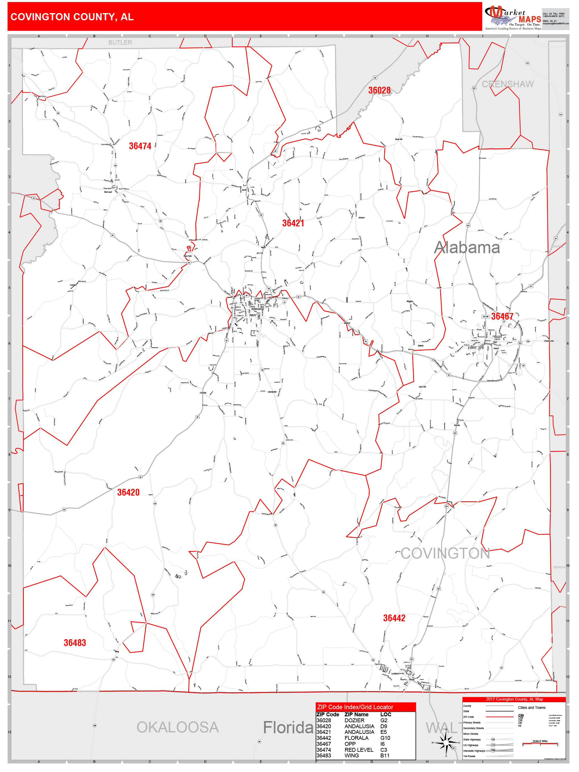 Covington County, AL Zip Code Wall Map Red Line Style by MarketMAPS