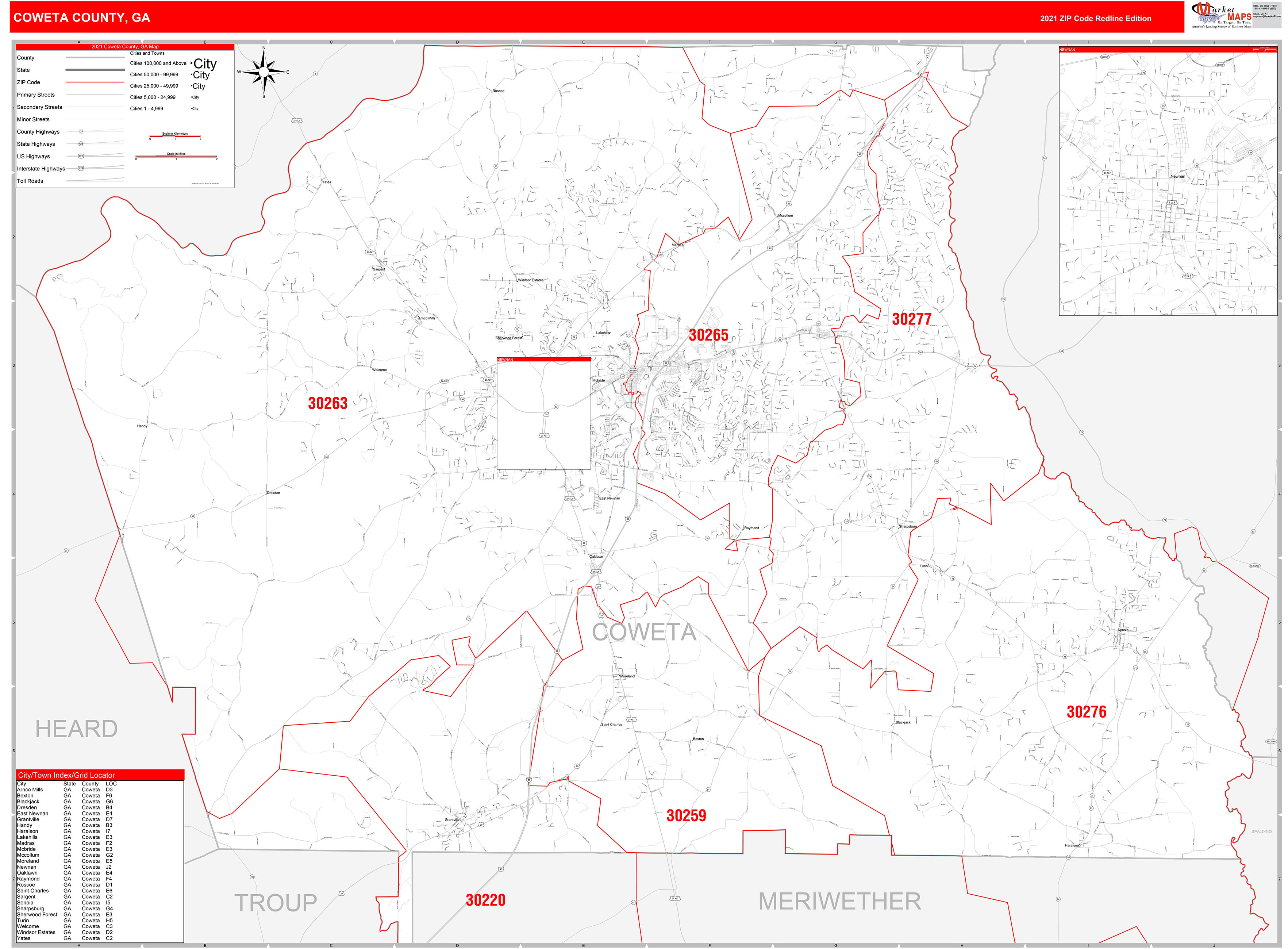 Coweta County, GA Zip Code Wall Map Red Line Style by MarketMAPS MapSales