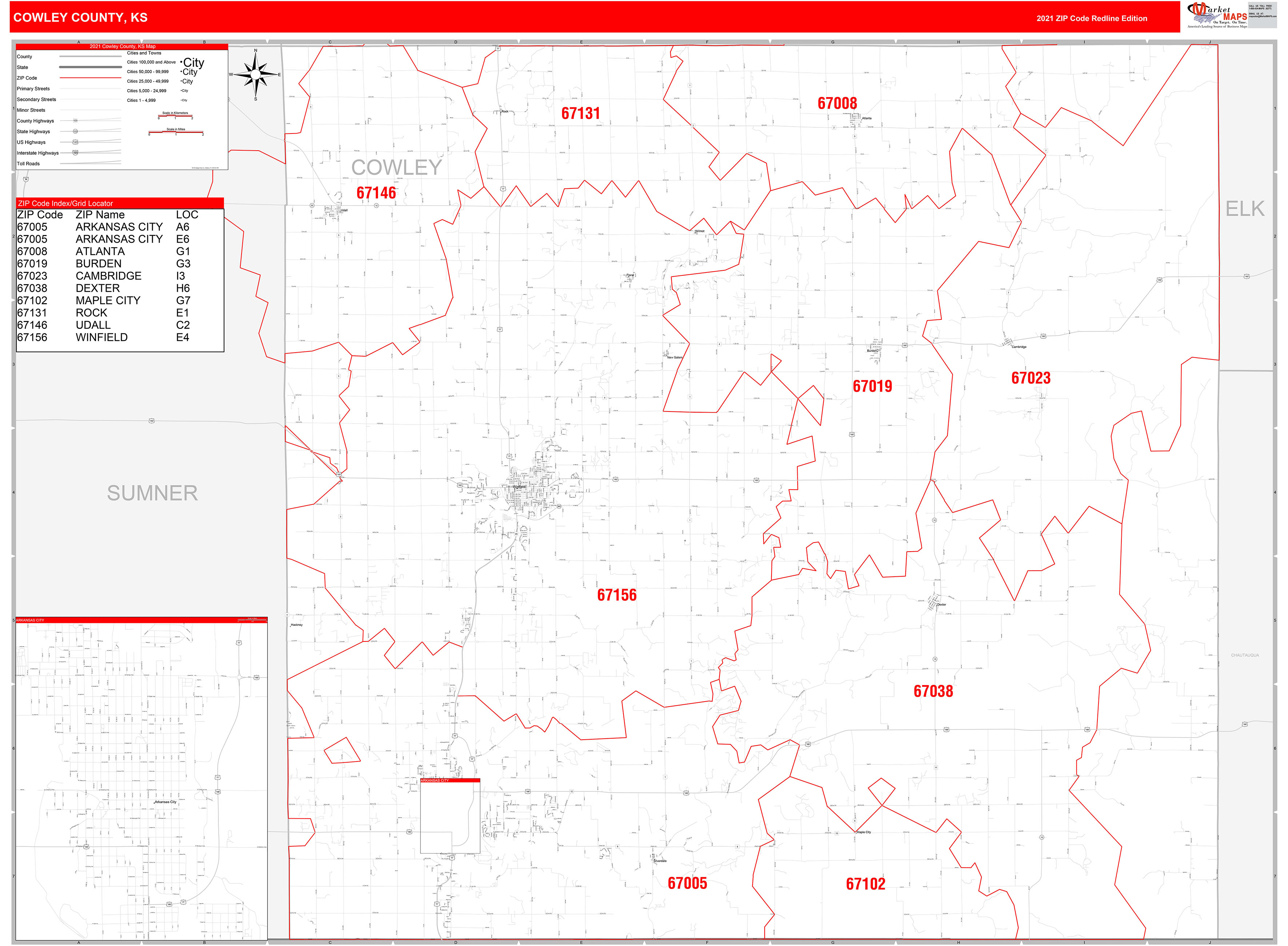 Cowley County, KS Zip Code Wall Map Red Line Style by MarketMAPS MapSales