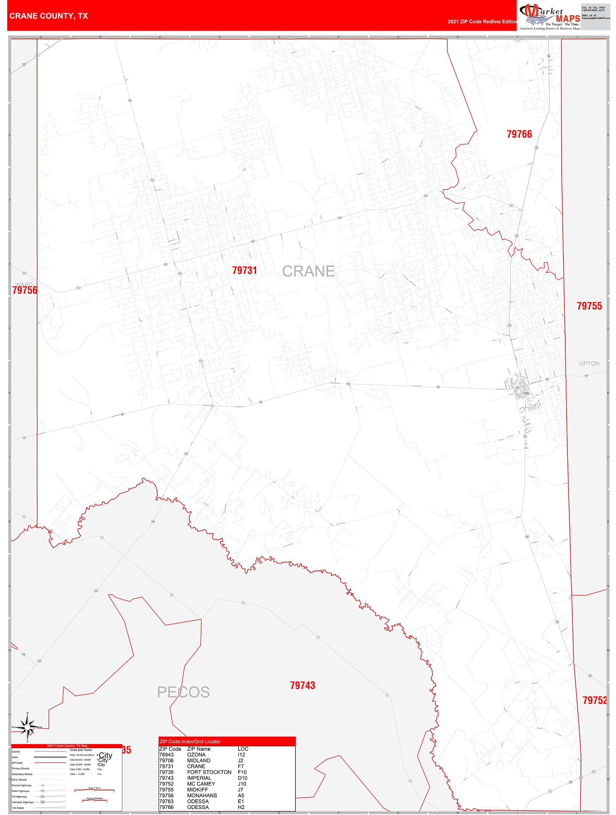 Crane County, TX Zip Code Wall Map Red Line Style by MarketMAPS