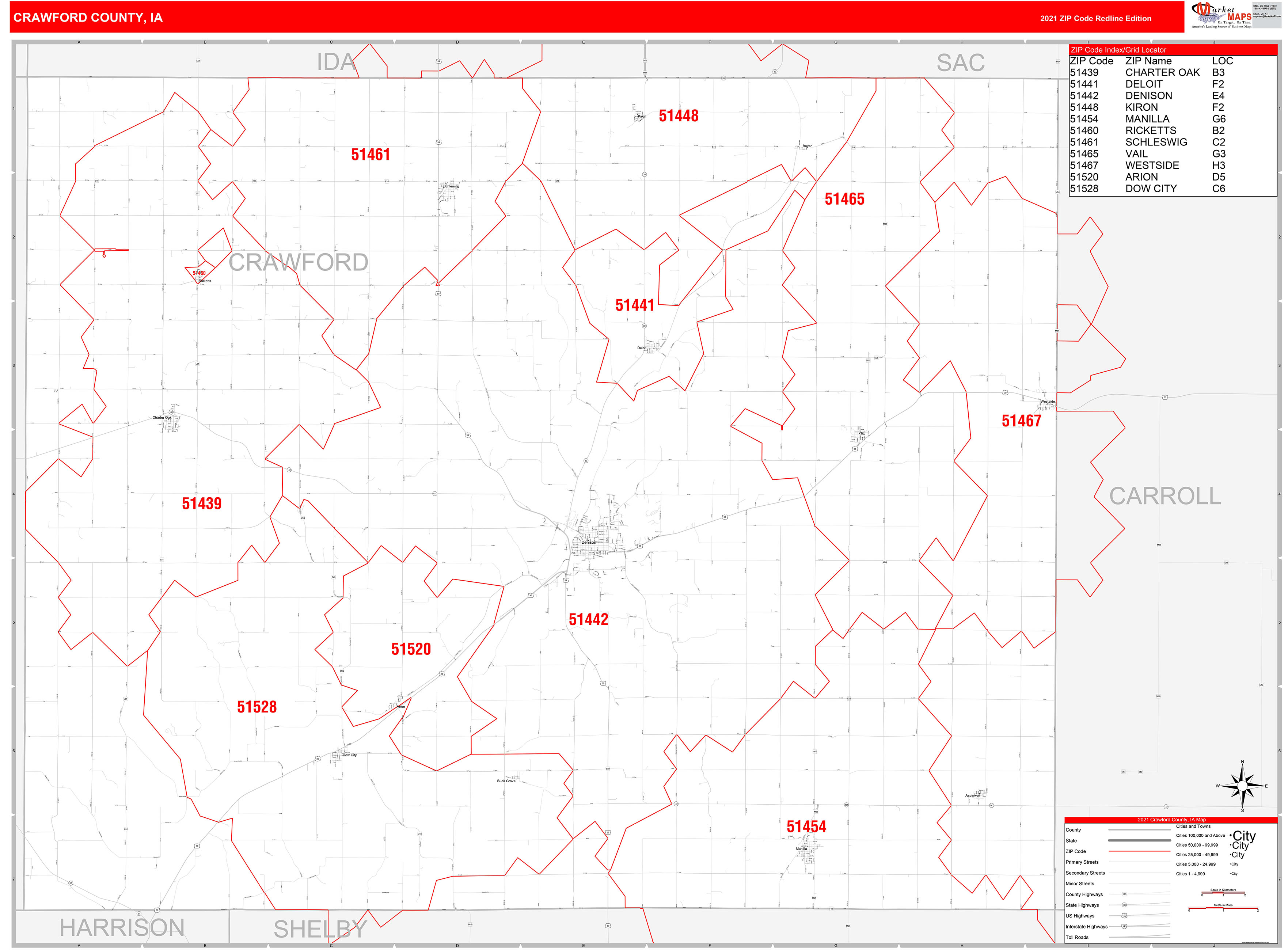 Crawford County, IA Zip Code Wall Map Red Line Style by MarketMAPS