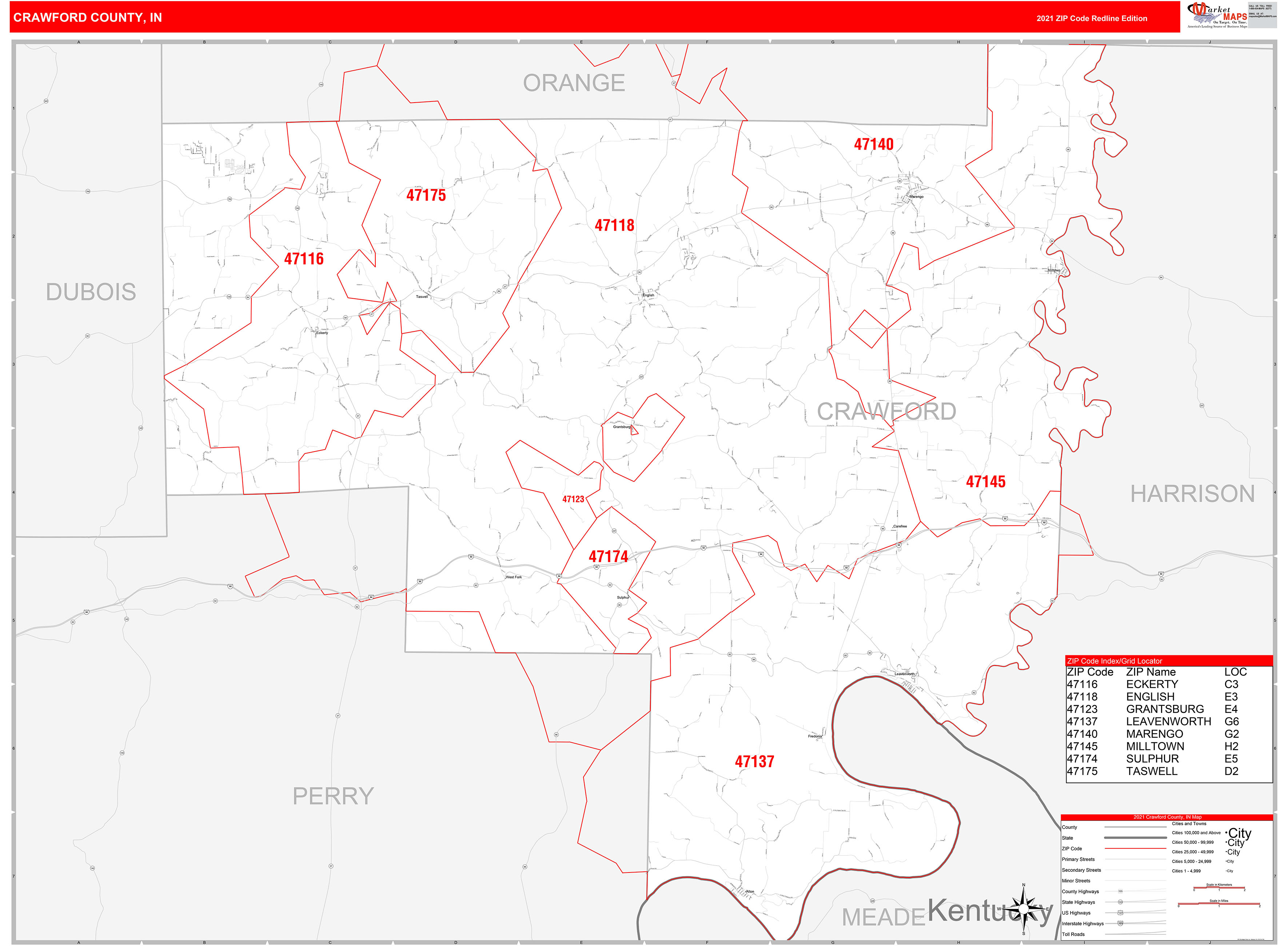 Crawford County, IN Zip Code Wall Map Red Line Style by MarketMAPS