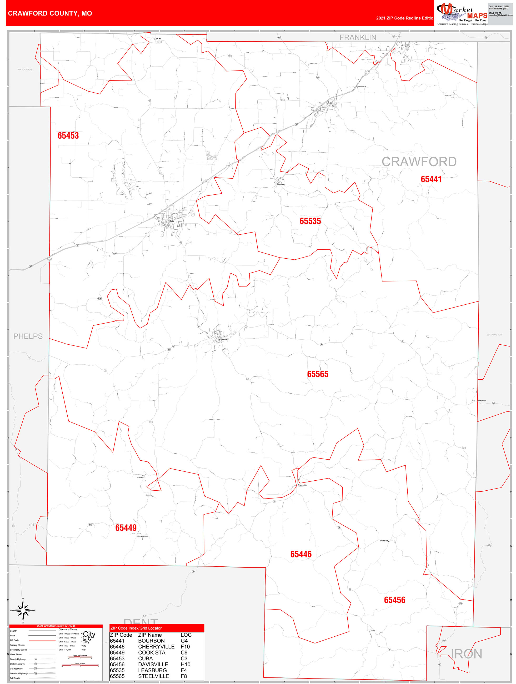 Crawford County, MO Zip Code Wall Map Red Line Style by MarketMAPS