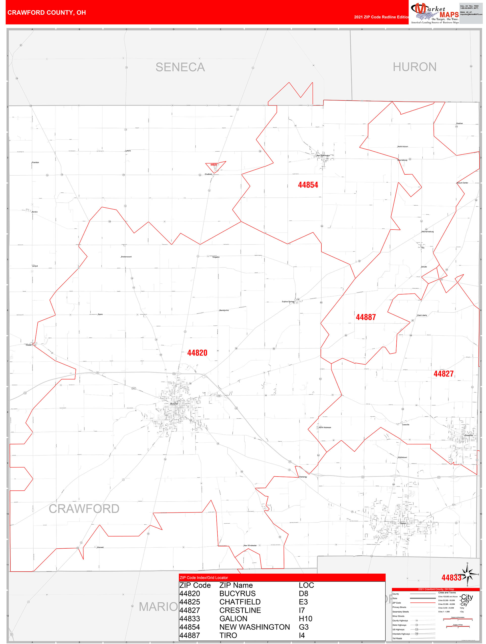 Crawford County, OH Zip Code Wall Map Red Line Style by MarketMAPS