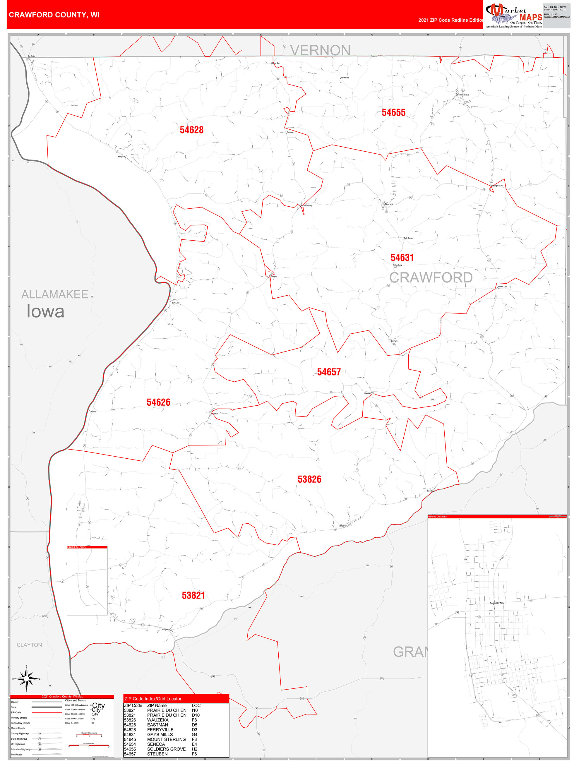 Crawford County, WI Zip Code Wall Map Red Line Style by MarketMAPS