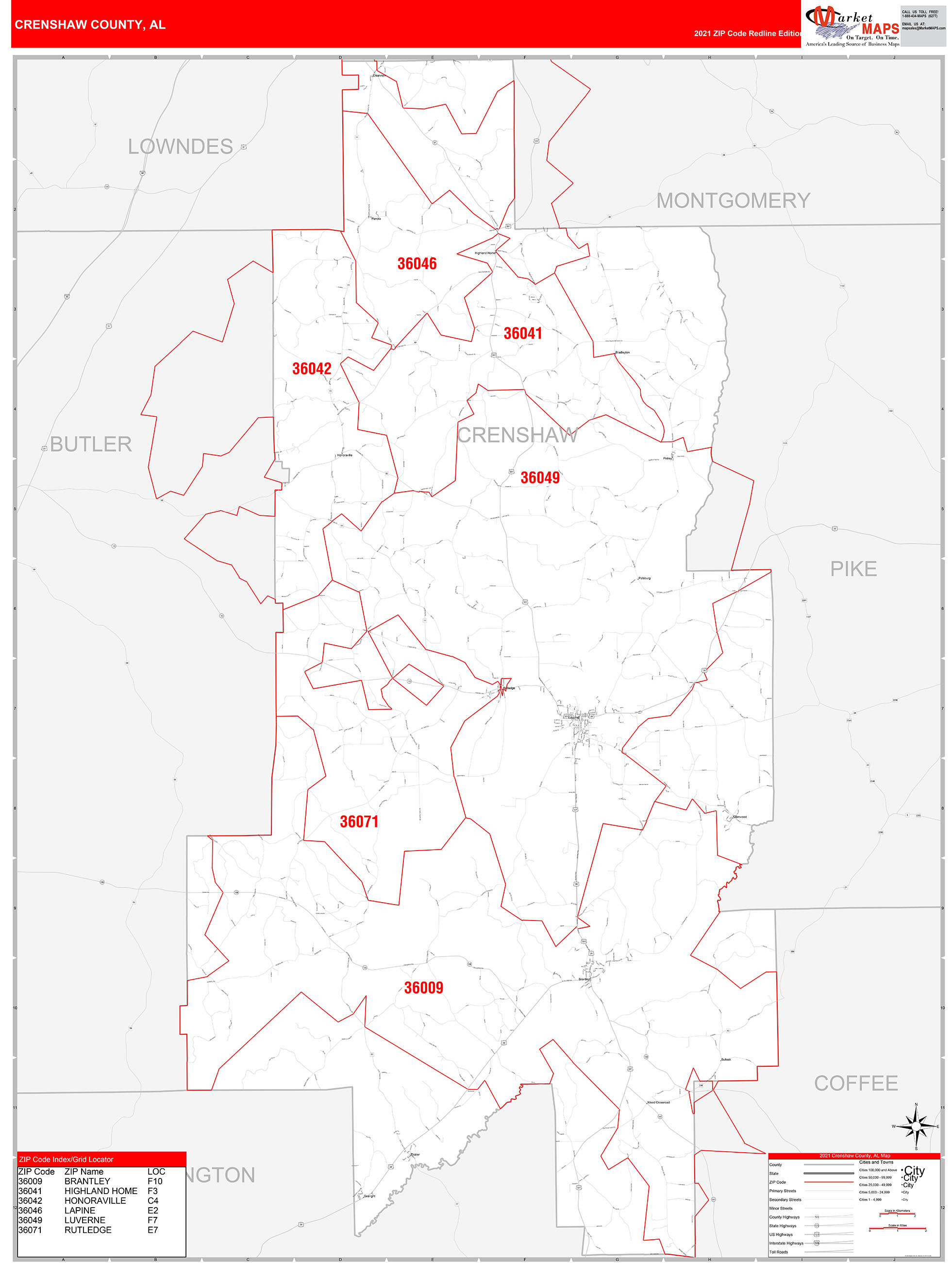 Crenshaw County, AL Zip Code Wall Map Red Line Style by MarketMAPS