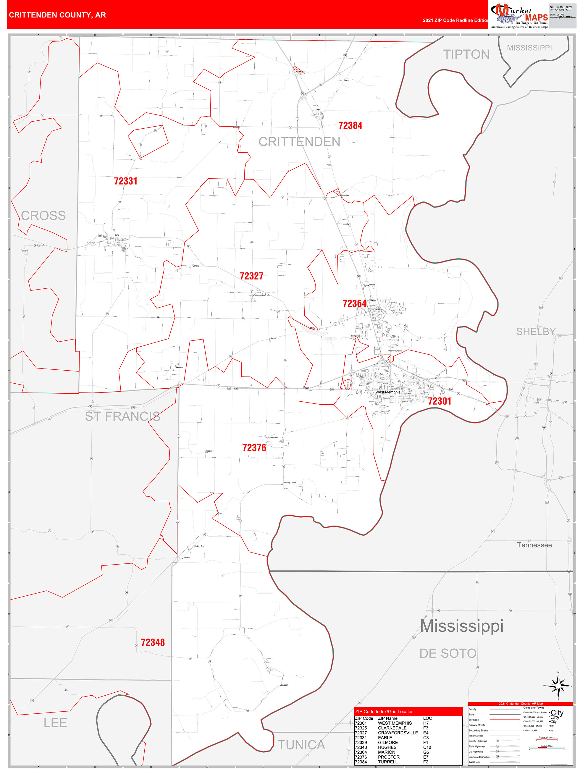 Crittenden County, AR Zip Code Wall Map Red Line Style by MarketMAPS